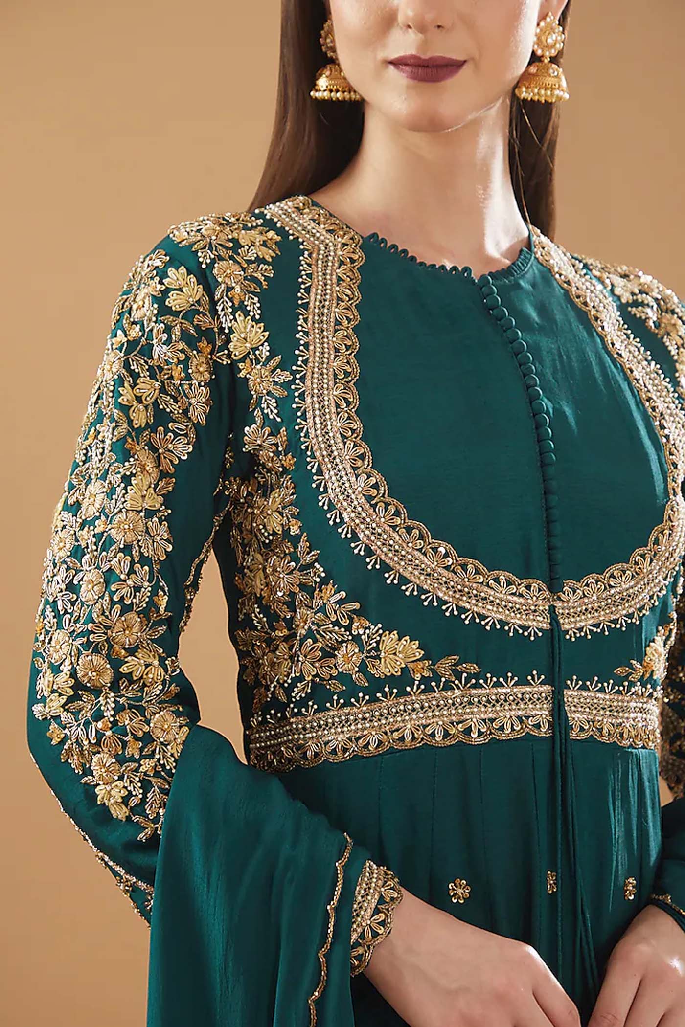 Rama Green Anarkali with heavily embroidered yoke and sleeves with a dupatta