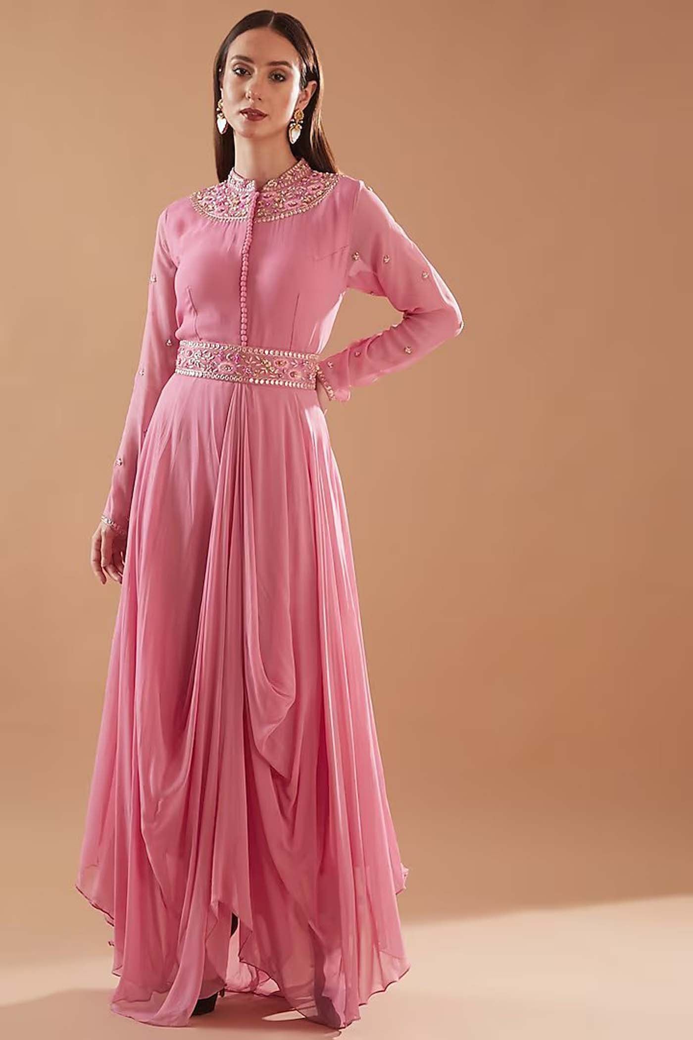 Pink Cowl High-low Gown with  Embroidered Belt