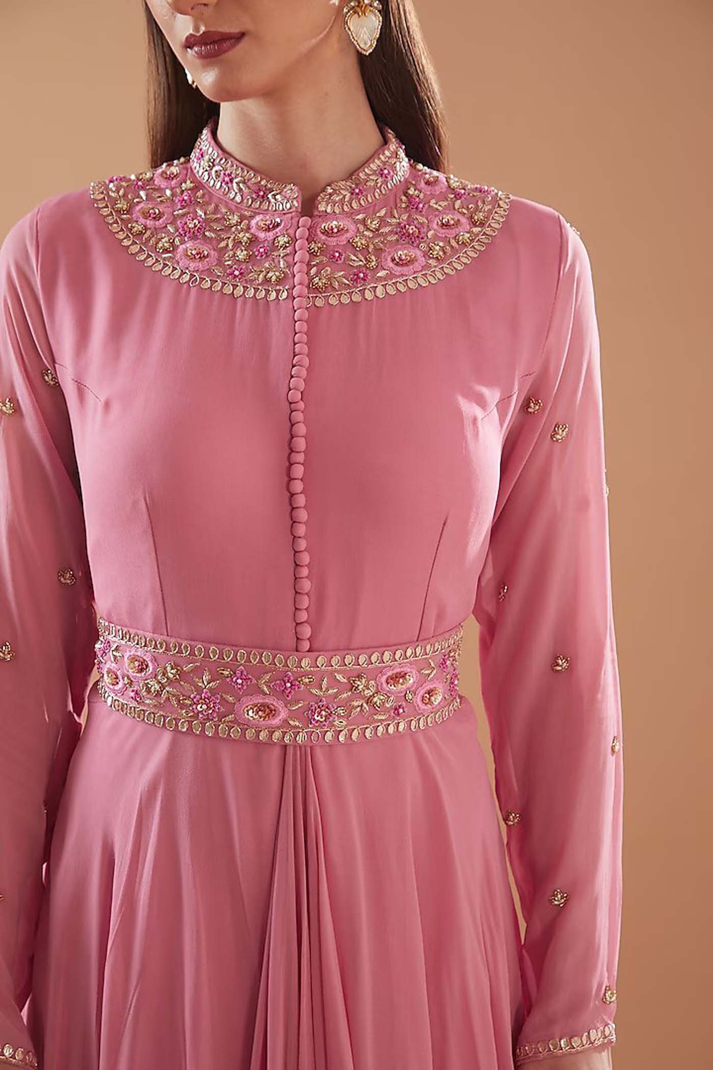 Pink Cowl High-low Gown with  Embroidered Belt