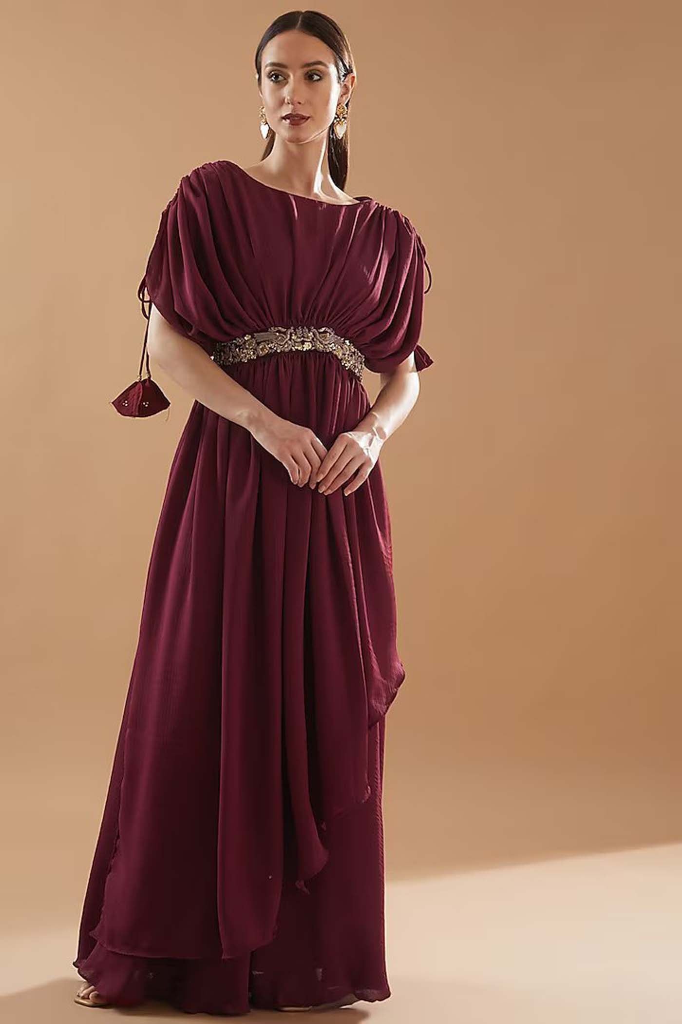 Maroon Gathered Dress with Palazzo Set