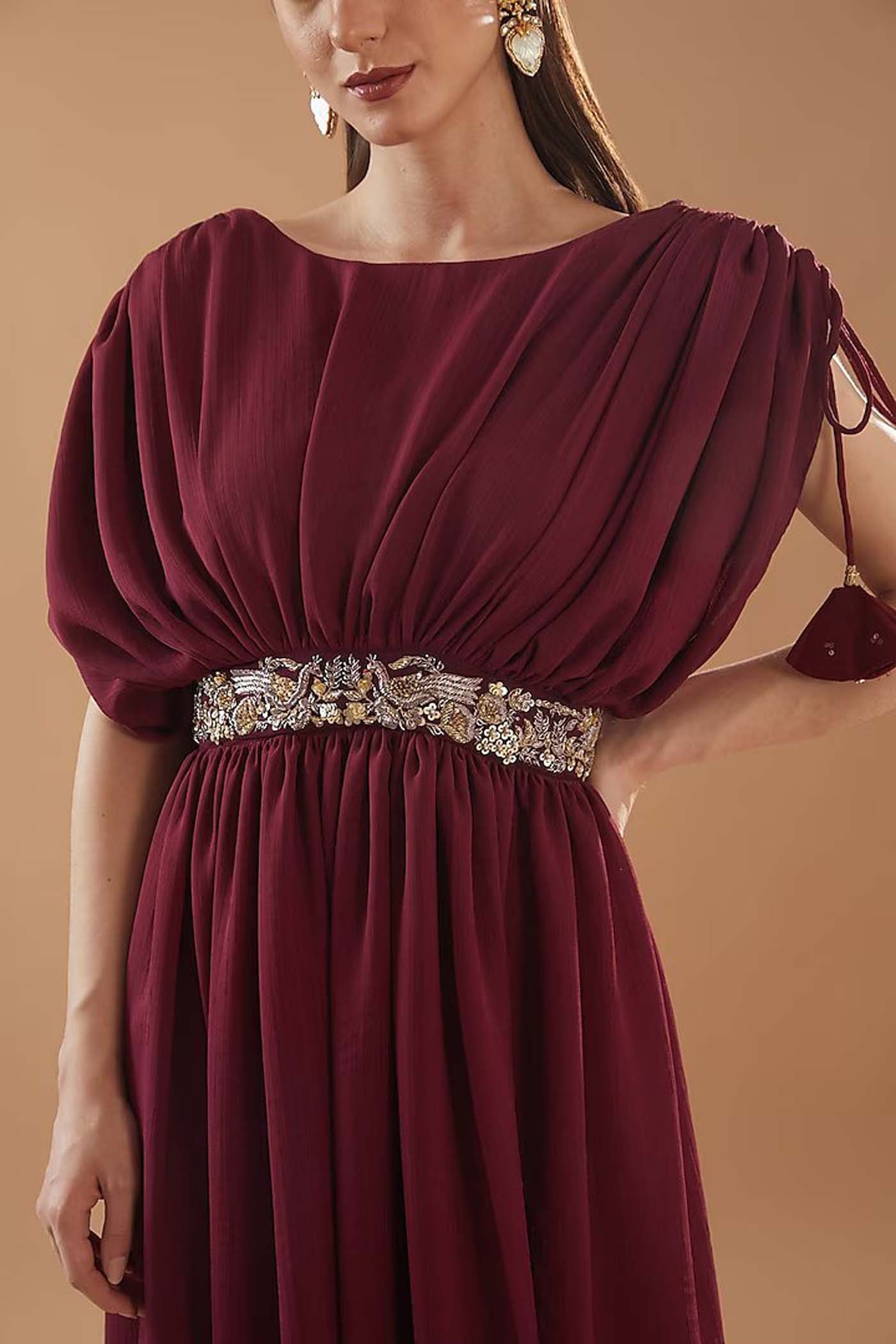 Maroon Gathered Dress with Palazzo Set