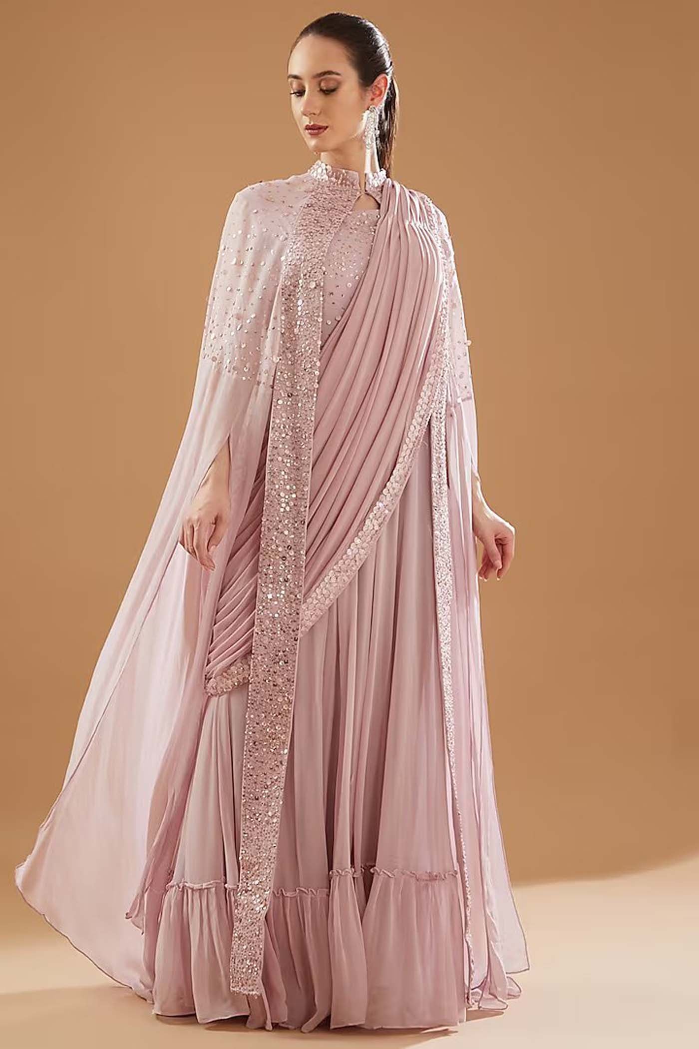 Lilac Draped SareeGown with long Cape