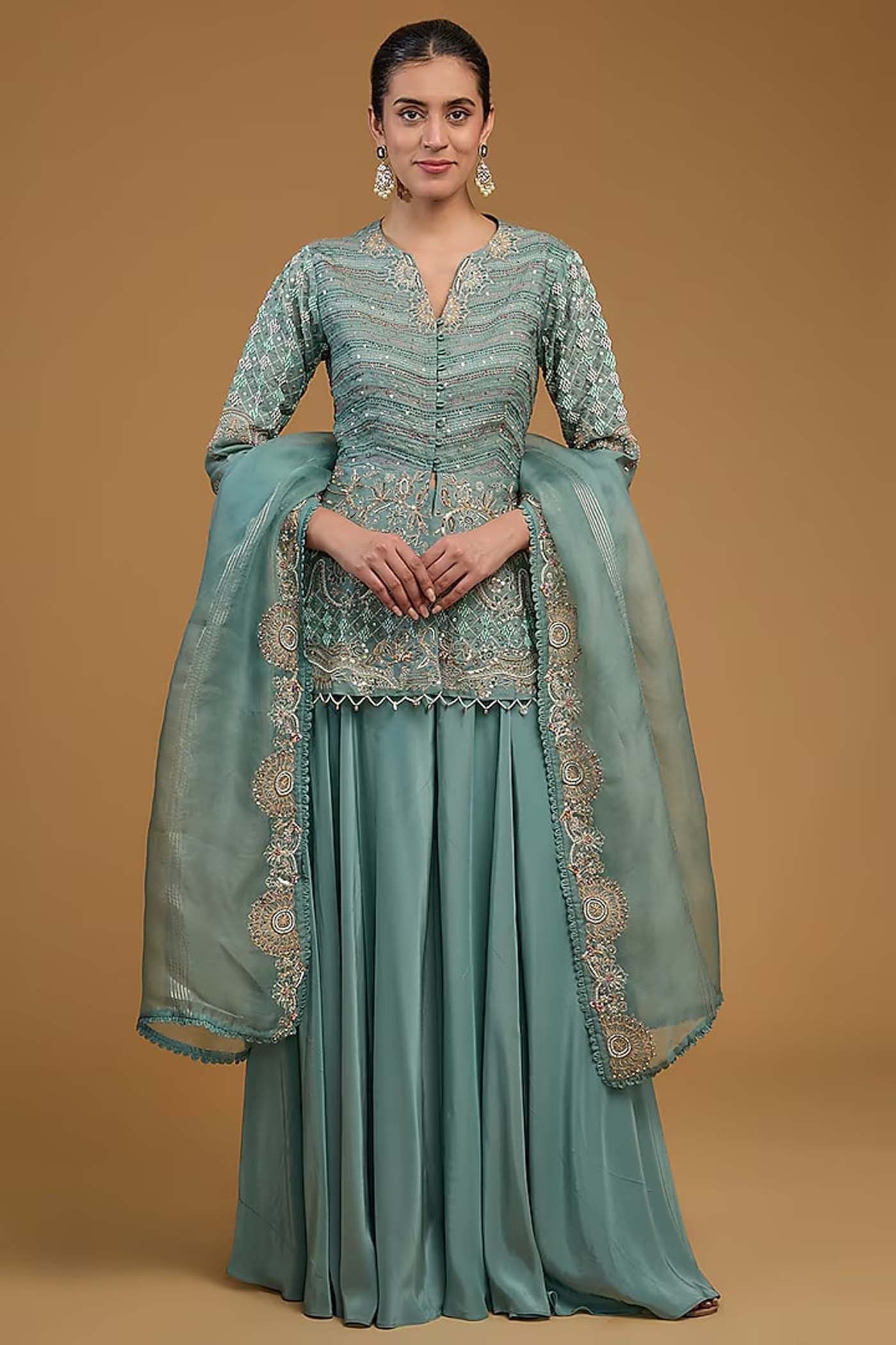 Greyish Blue Front Open Top with Palazzo and Organza Dupatta