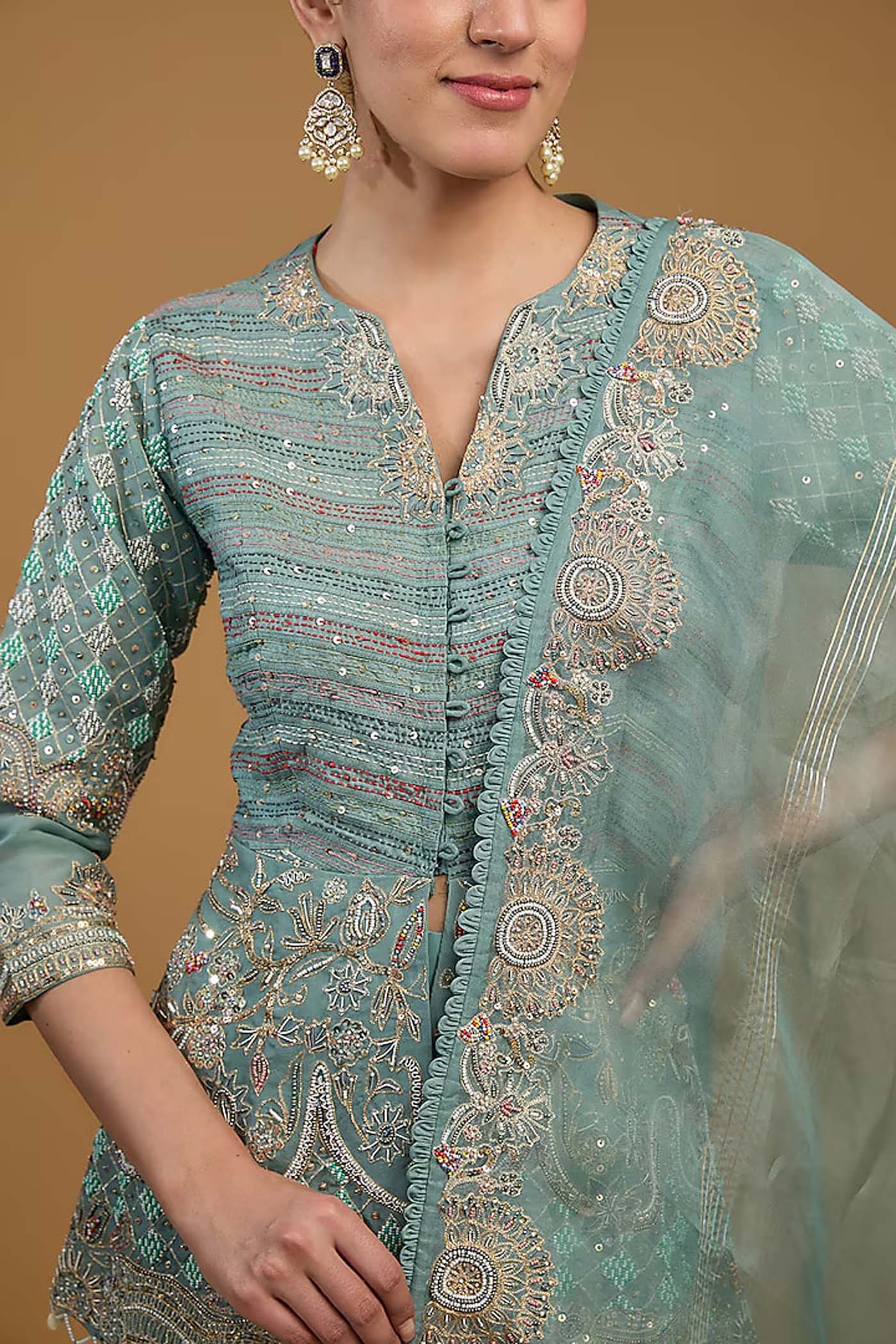 Greyish Blue Front Open Top with Palazzo and Organza Dupatta