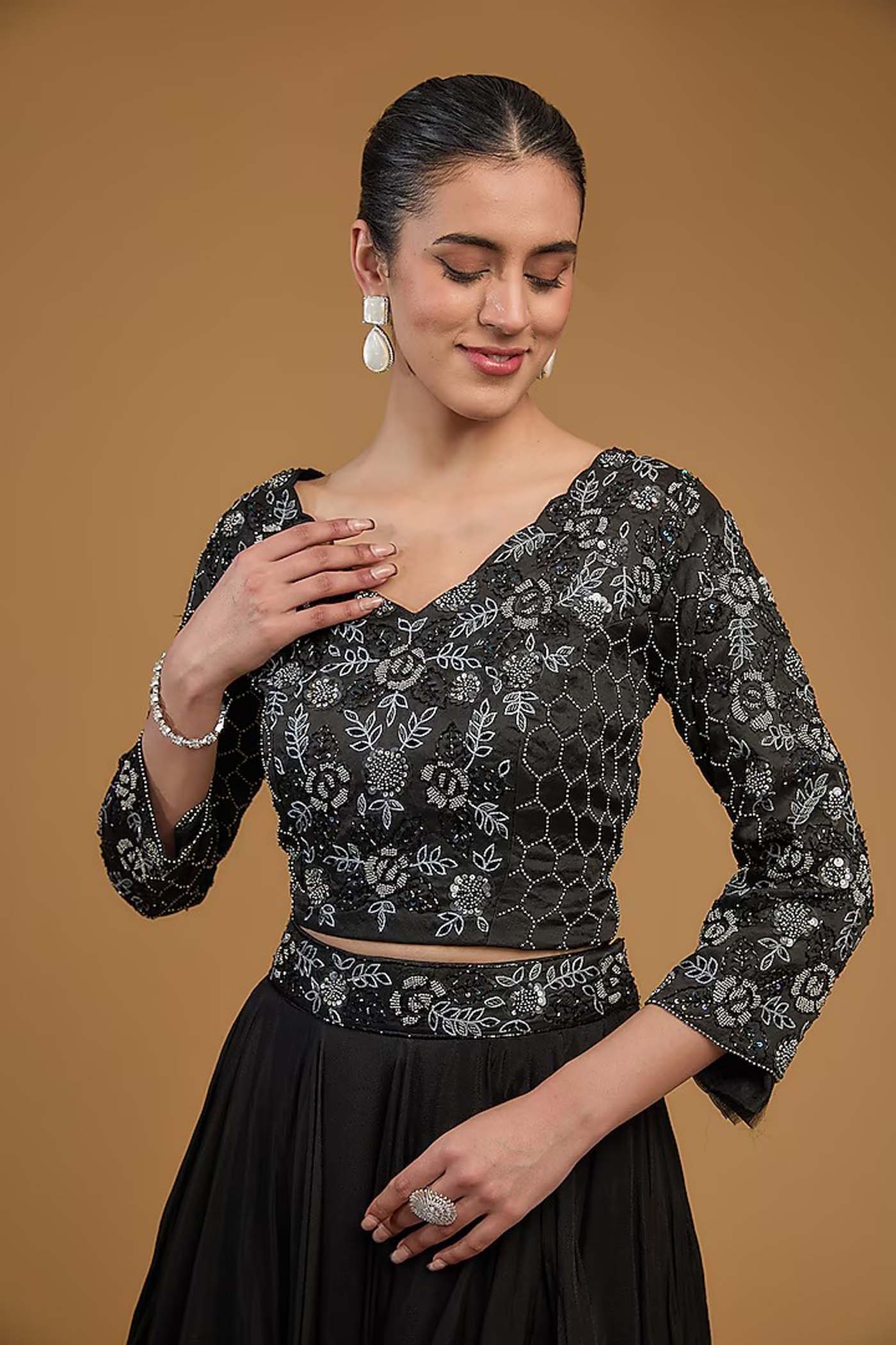 Black Heavy Embroidered Blouse with Lehenga and Dupatta