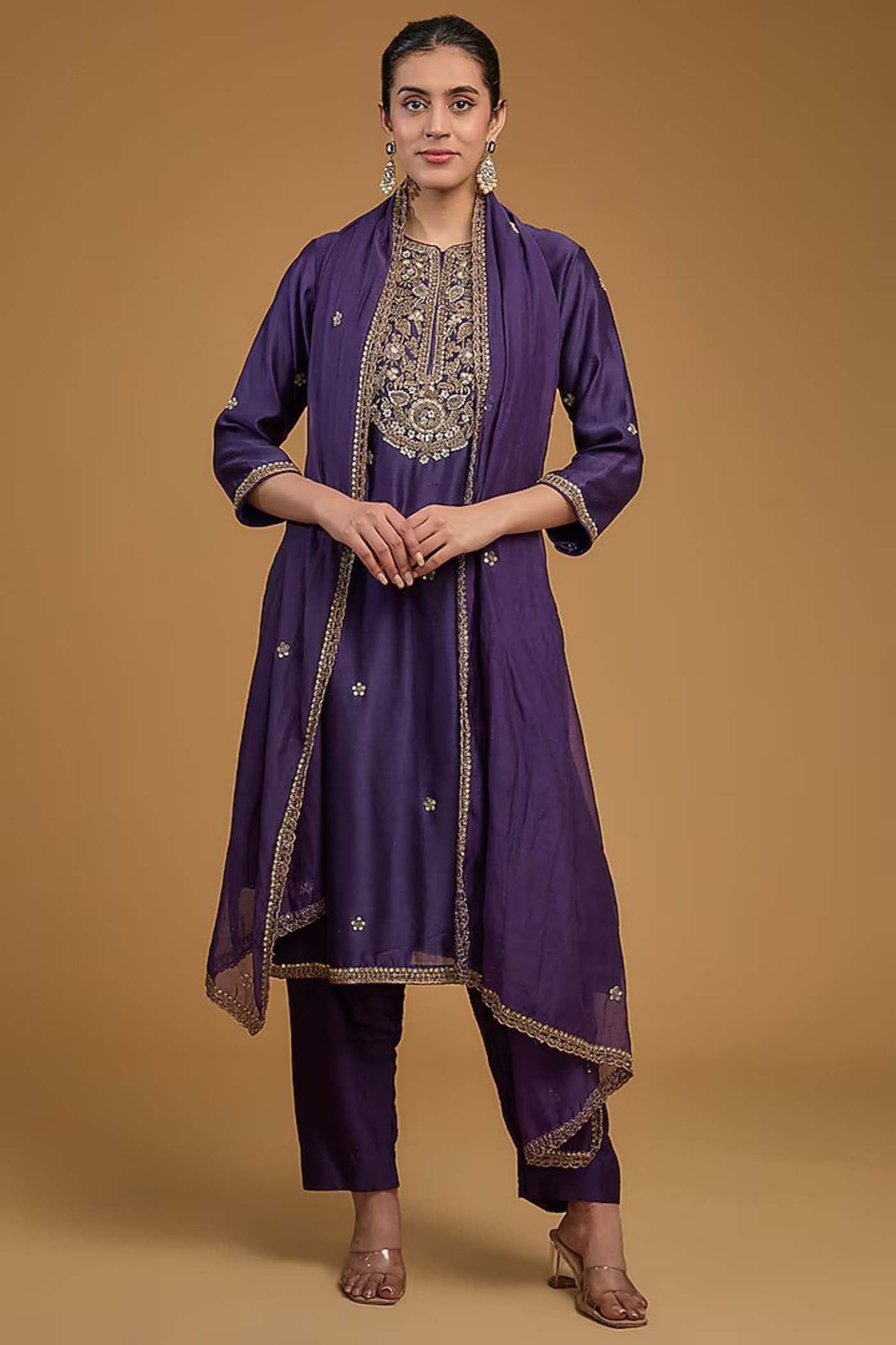 Dark Purple Straight Suit with Pants and Dupatta Set