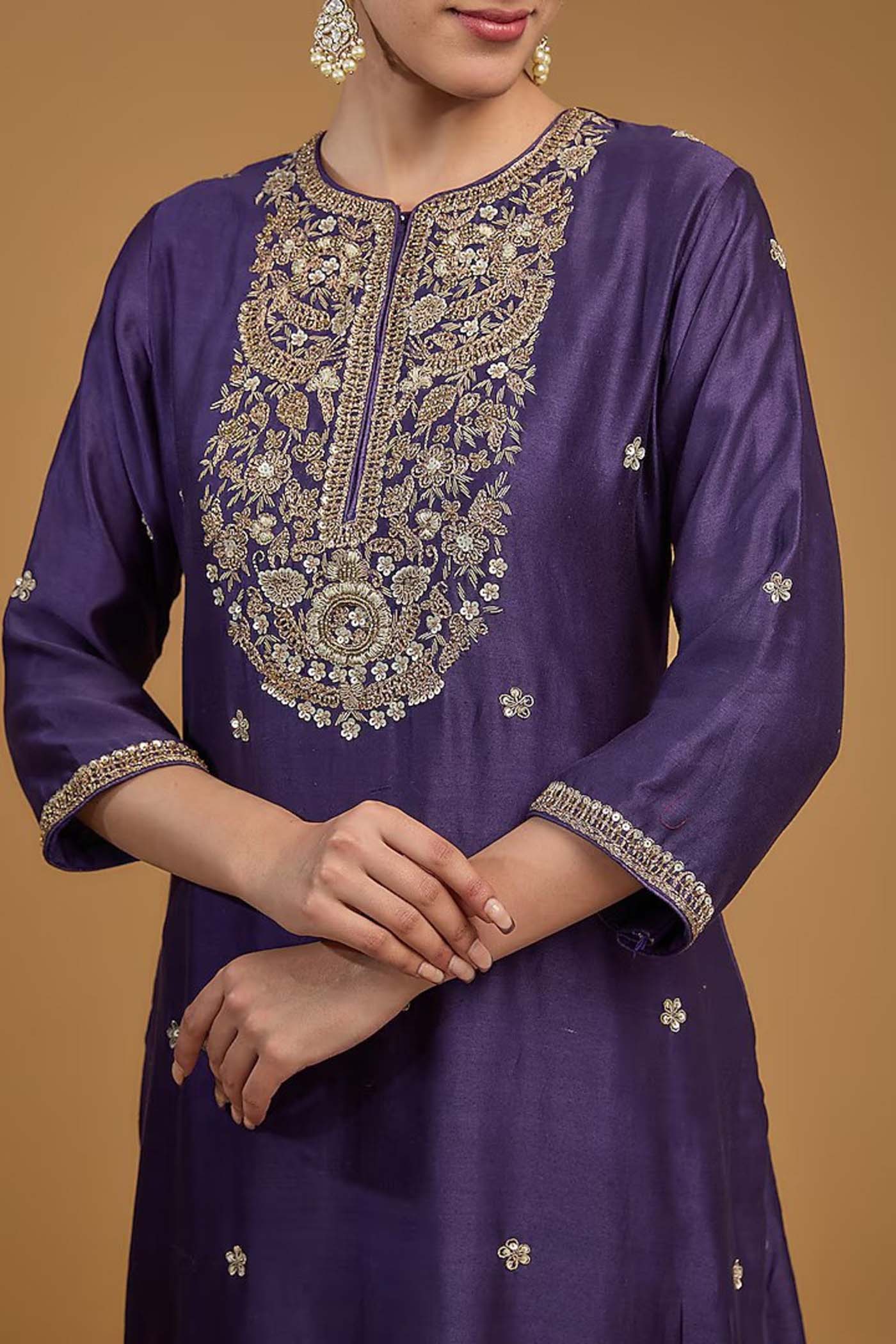 Dark Purple Straight Suit with Pants and Dupatta Set