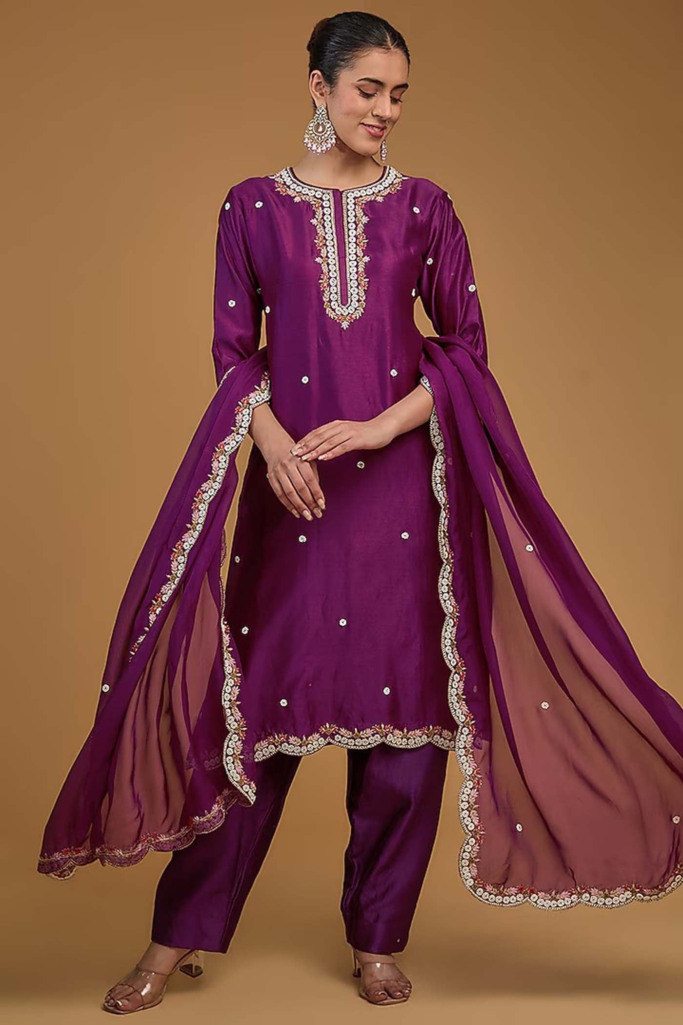 Purple Straight Suit with Pants and Dupatta Set