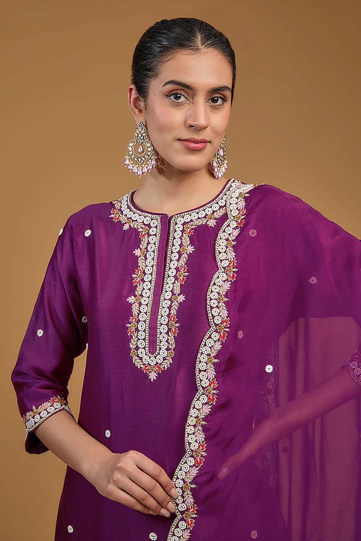 Purple Straight Suit with Pants and Dupatta Set