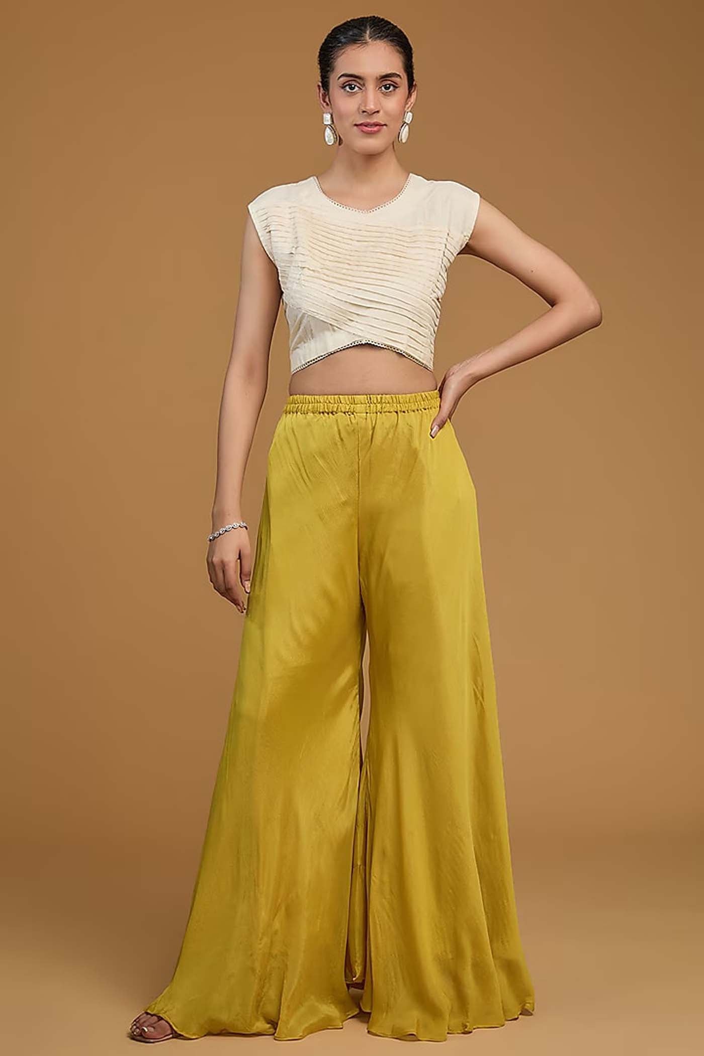 Mustard and White and Off White Crop-Top with Palazzo and Jacket