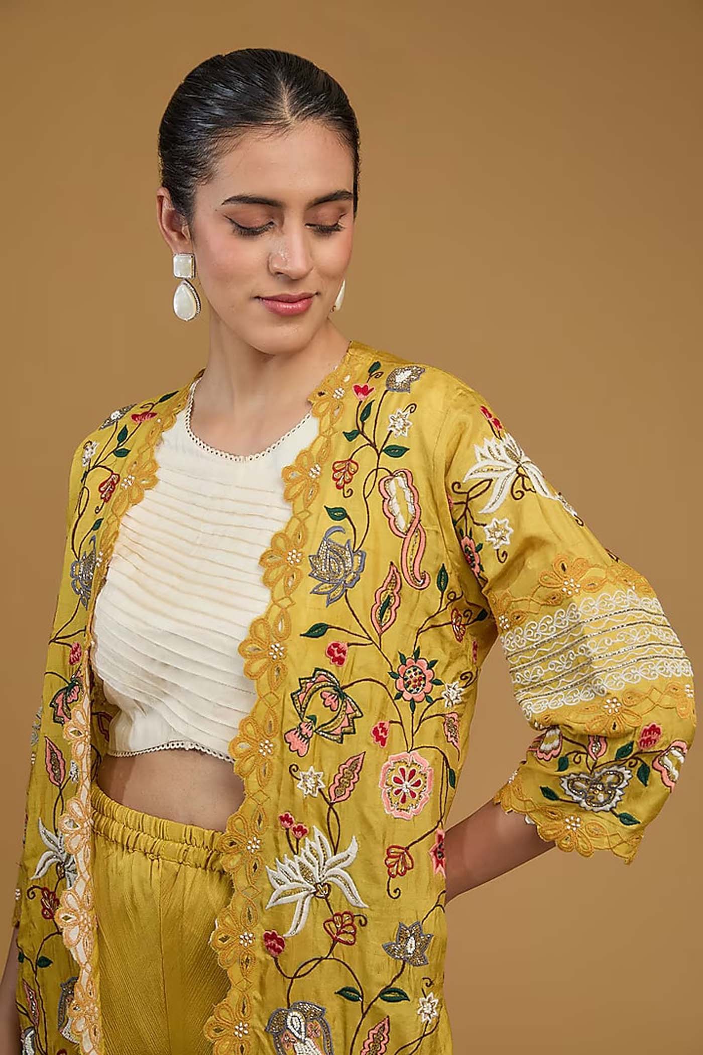 Mustard and White and Off White Crop-Top with Palazzo and Jacket