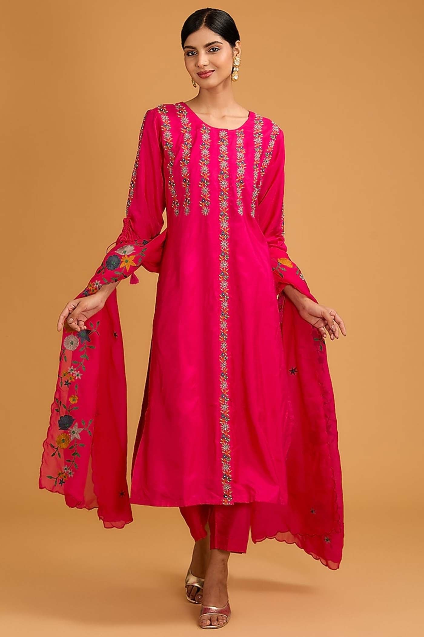 Fuchsia Pink Straight Suit with Pants and Dupatta