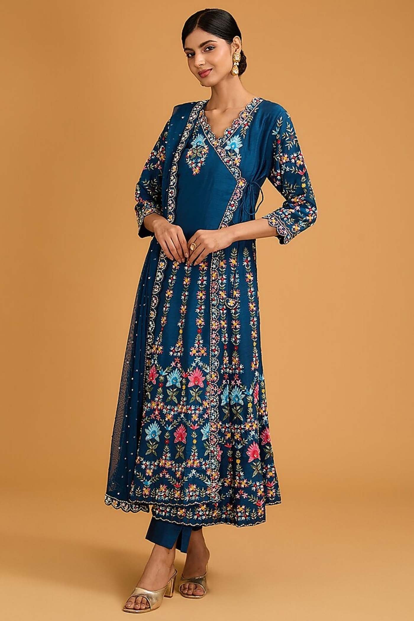 Royal blue Angrakha Anarkali with pants and Dupatta