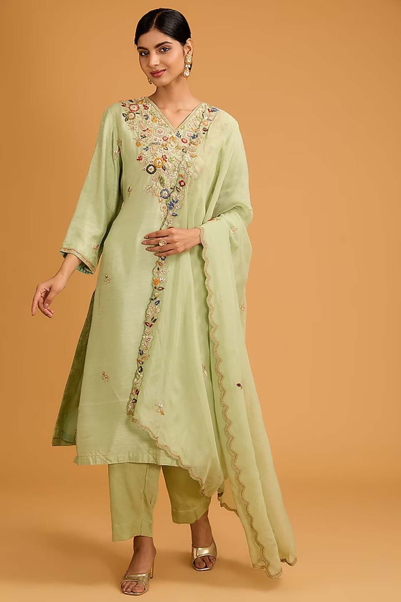 Pista Green Straight Suit with Pants and Dupatta