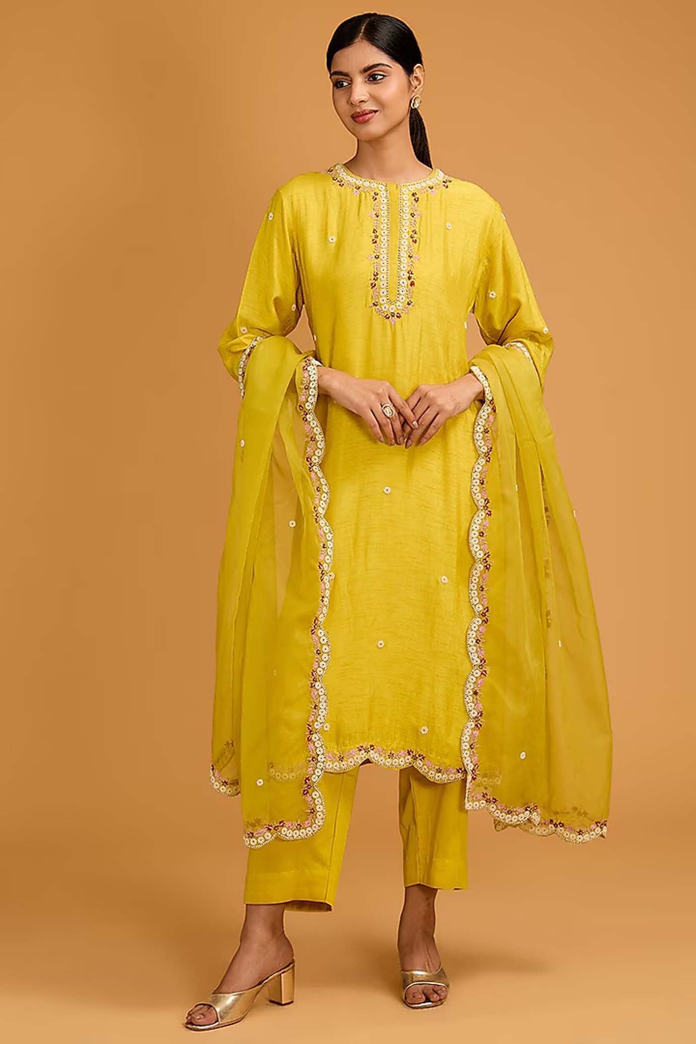 Yellow Straight Suit with Pants and Dupatta Set