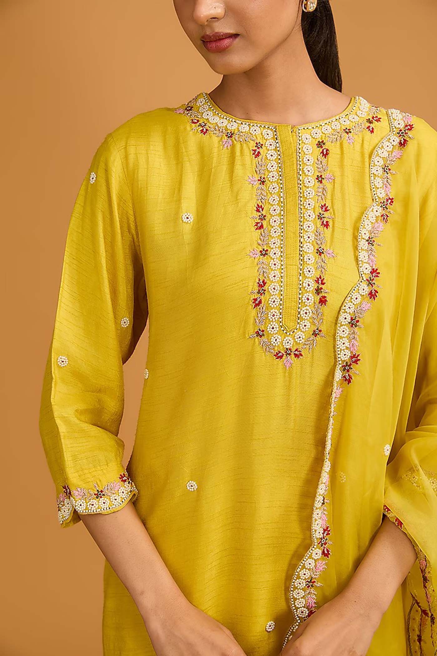 Yellow Straight Suit with Pants and Dupatta Set