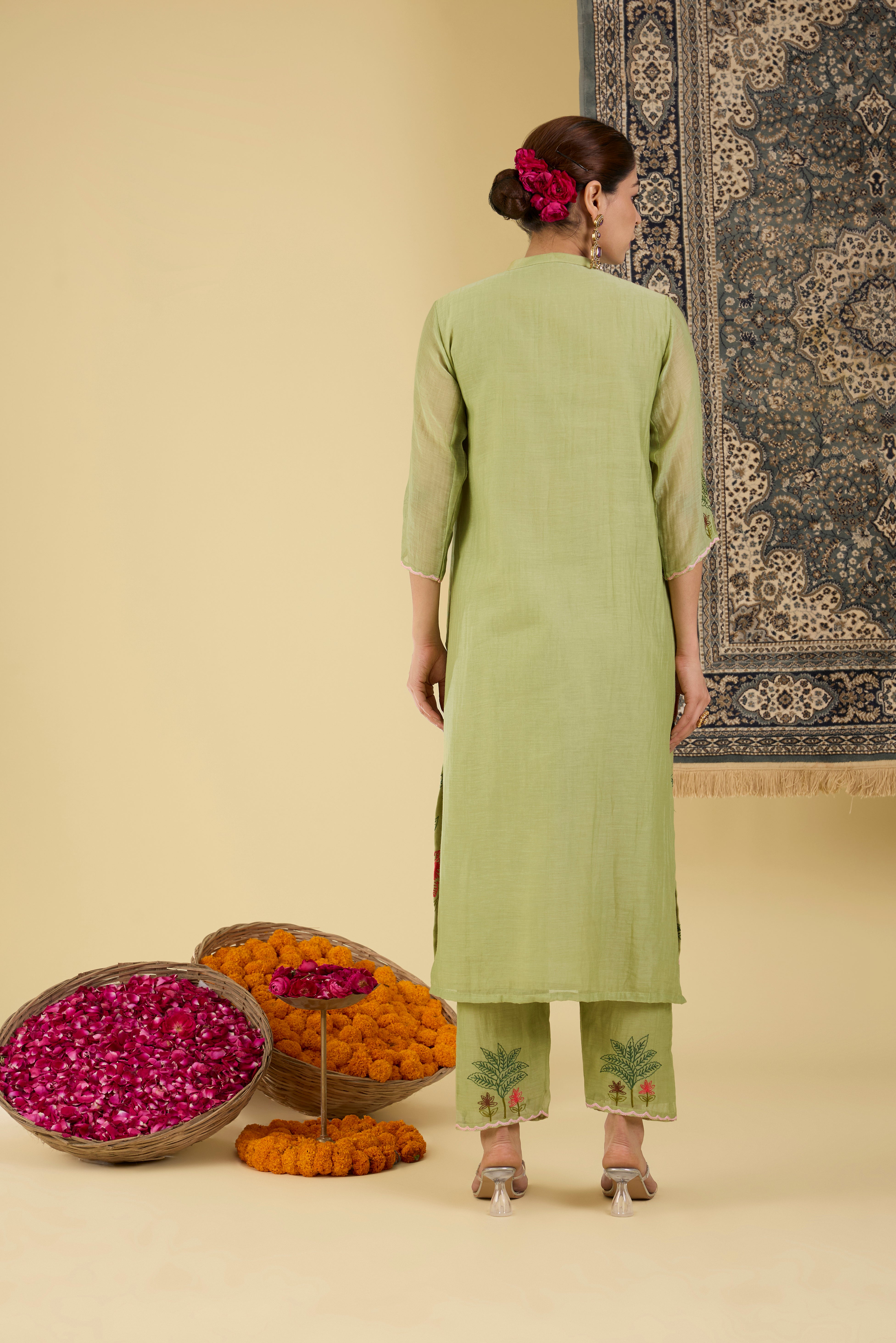 Sage Green Floral Embroidered Kurta Pant Set .