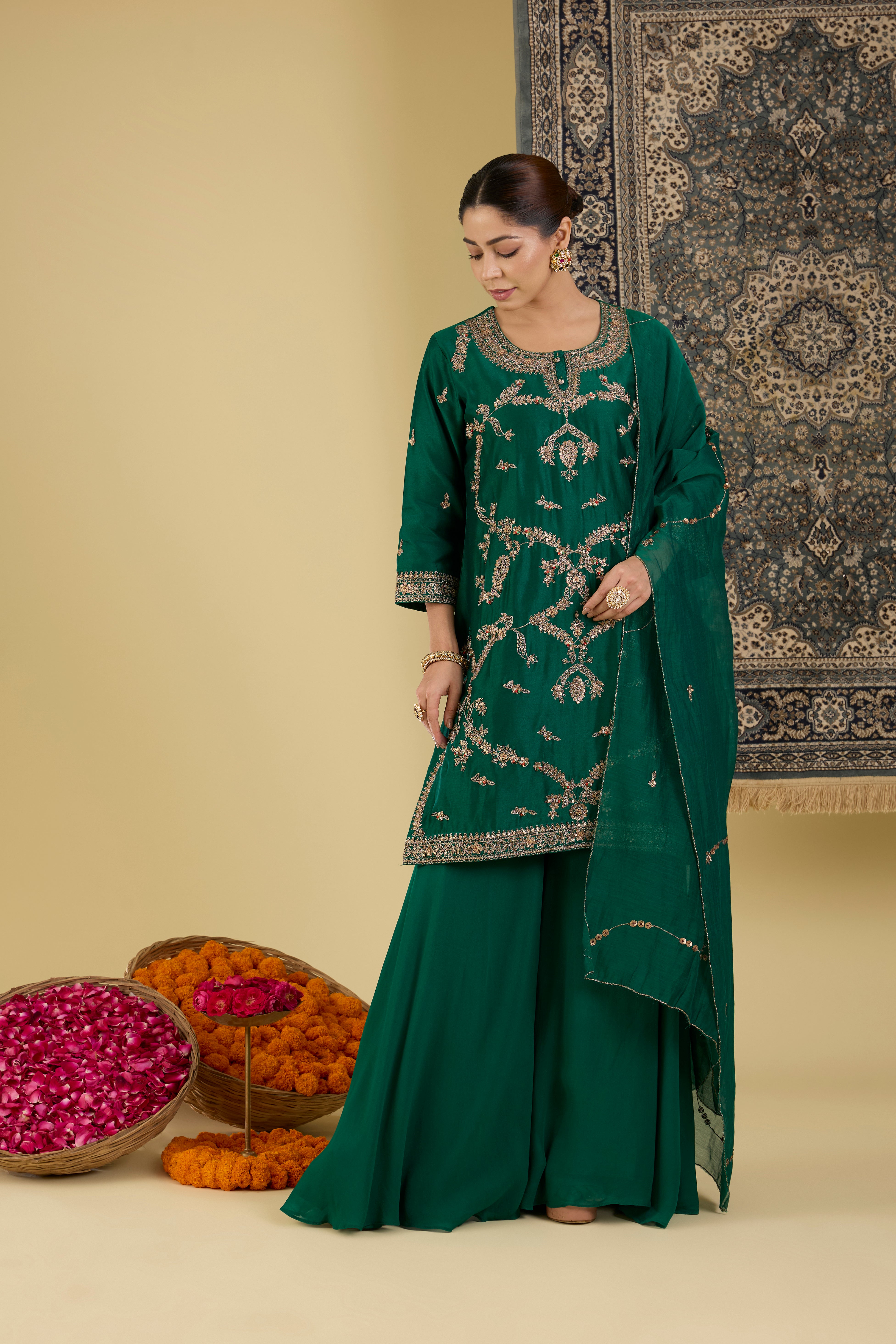 Bottle  Green Heavy Straight Suit With Sharara And Dupatta.
