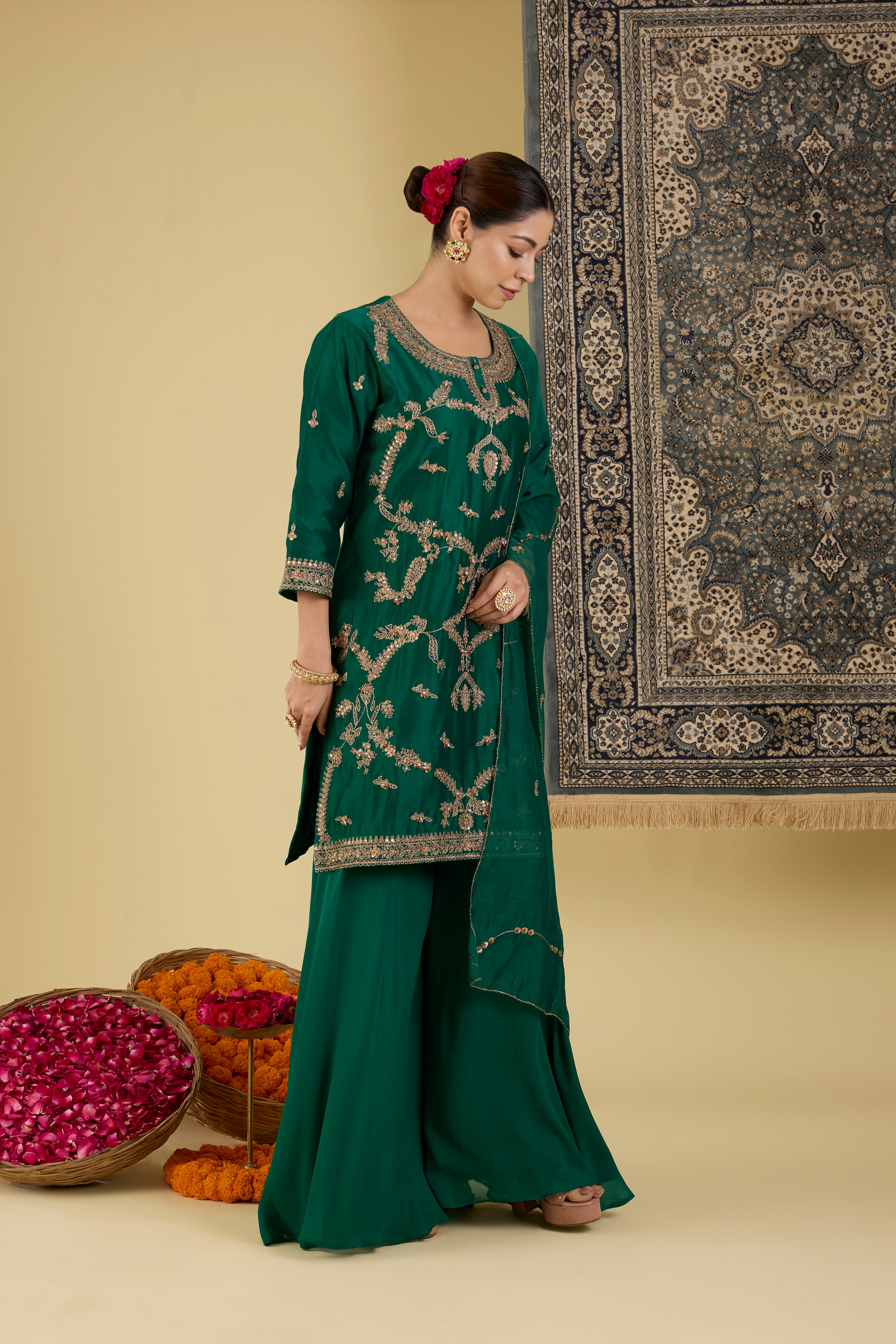 Bottle  Green Heavy Straight Suit With Sharara And Dupatta.