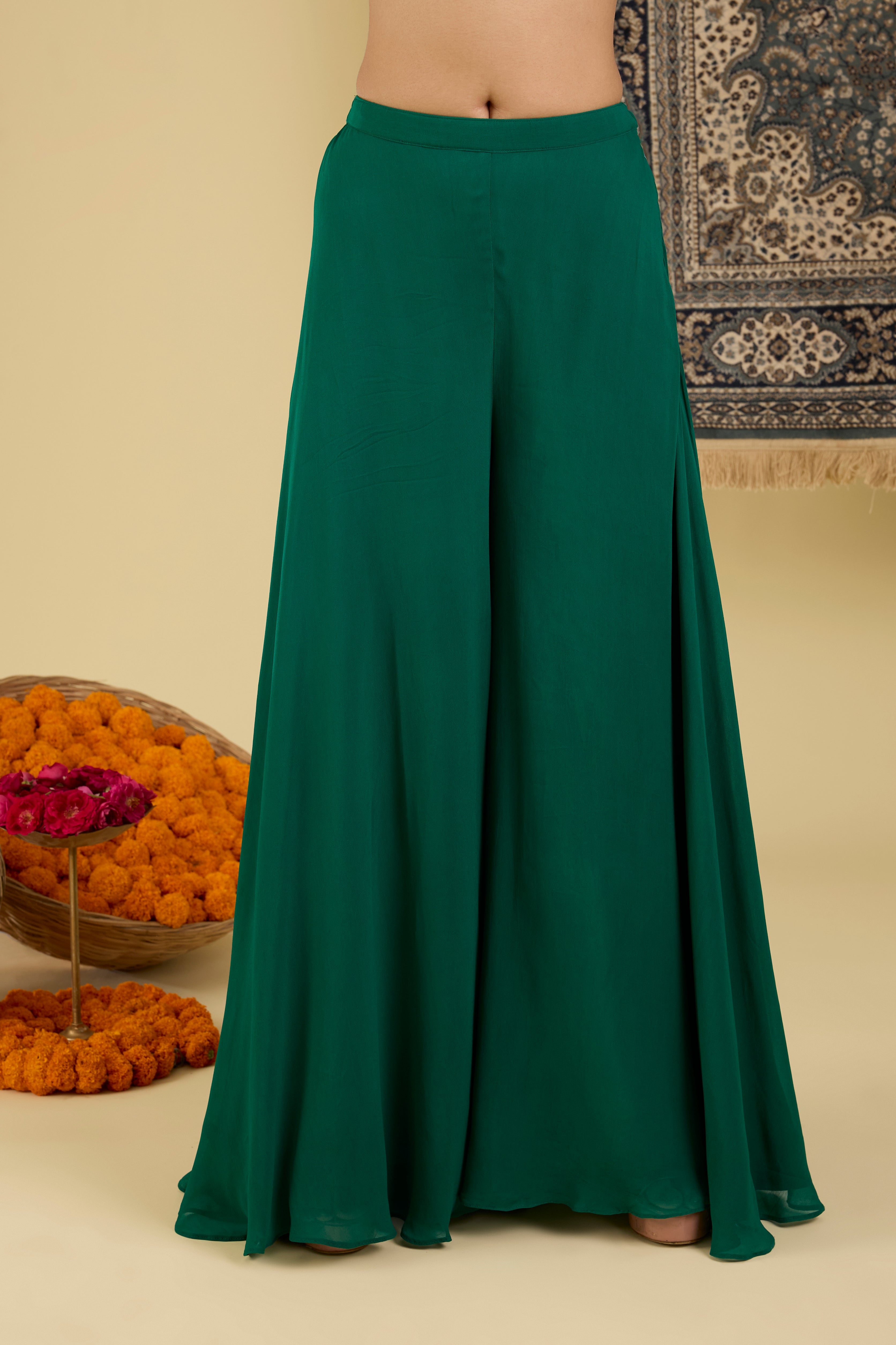 Bottle  Green Heavy Straight Suit With Sharara And Dupatta.