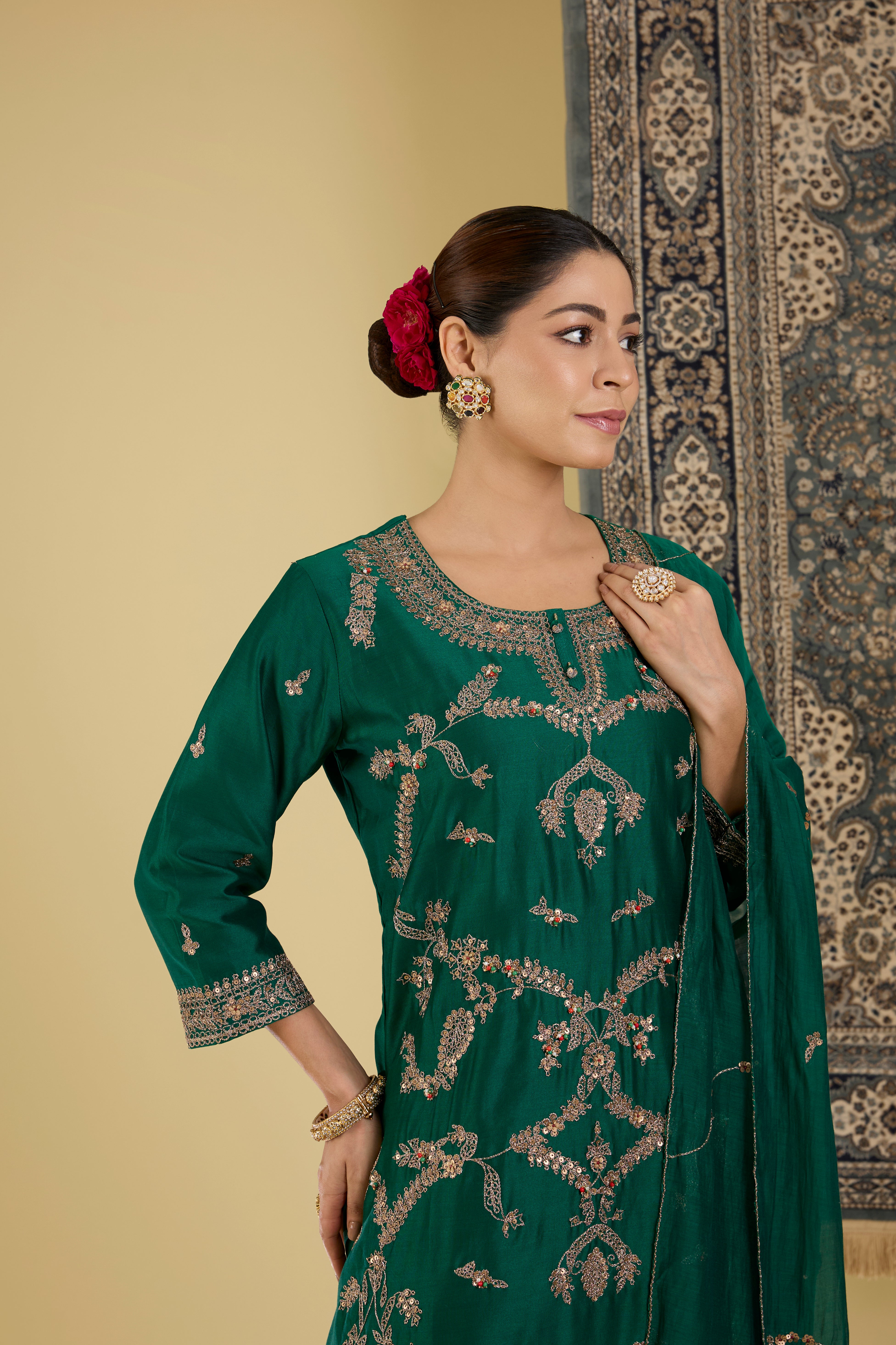 Bottle  Green Heavy Straight Suit With Sharara And Dupatta.