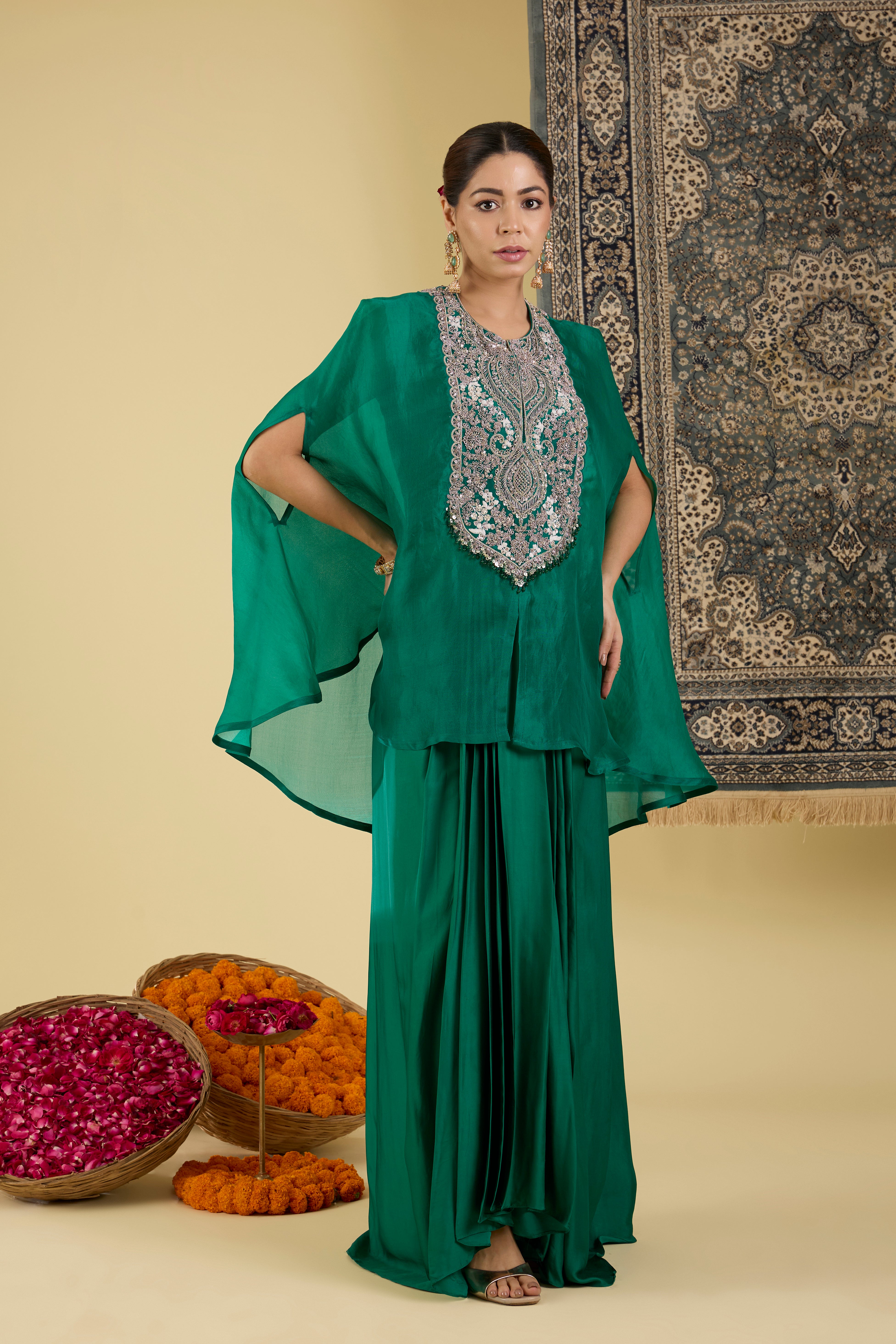 Emerald Hand-Embroidered Cape Set .