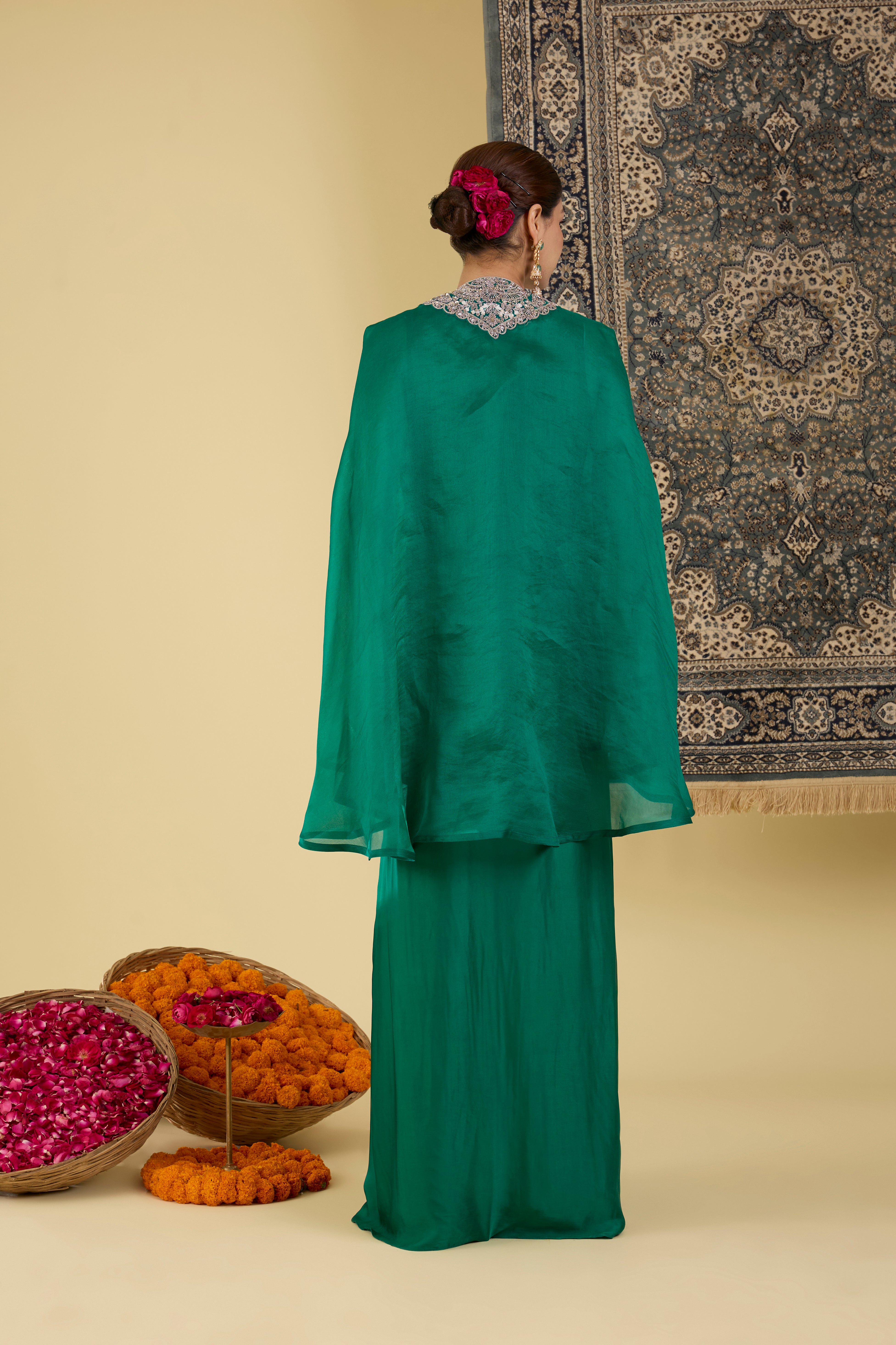 Emerald Hand-Embroidered Cape Set .