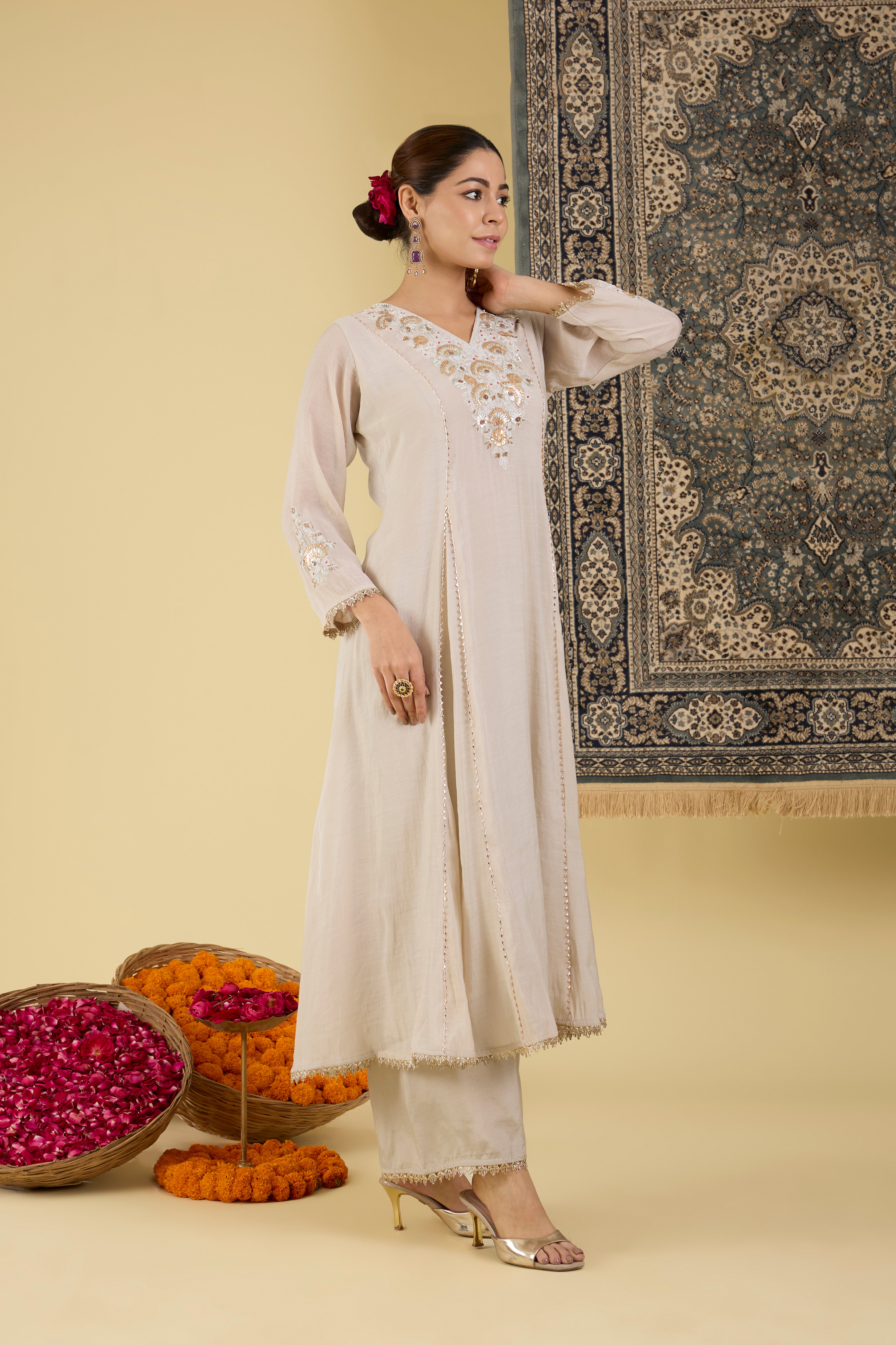 Elegant grey Embroidered Anarkali Suit Set.