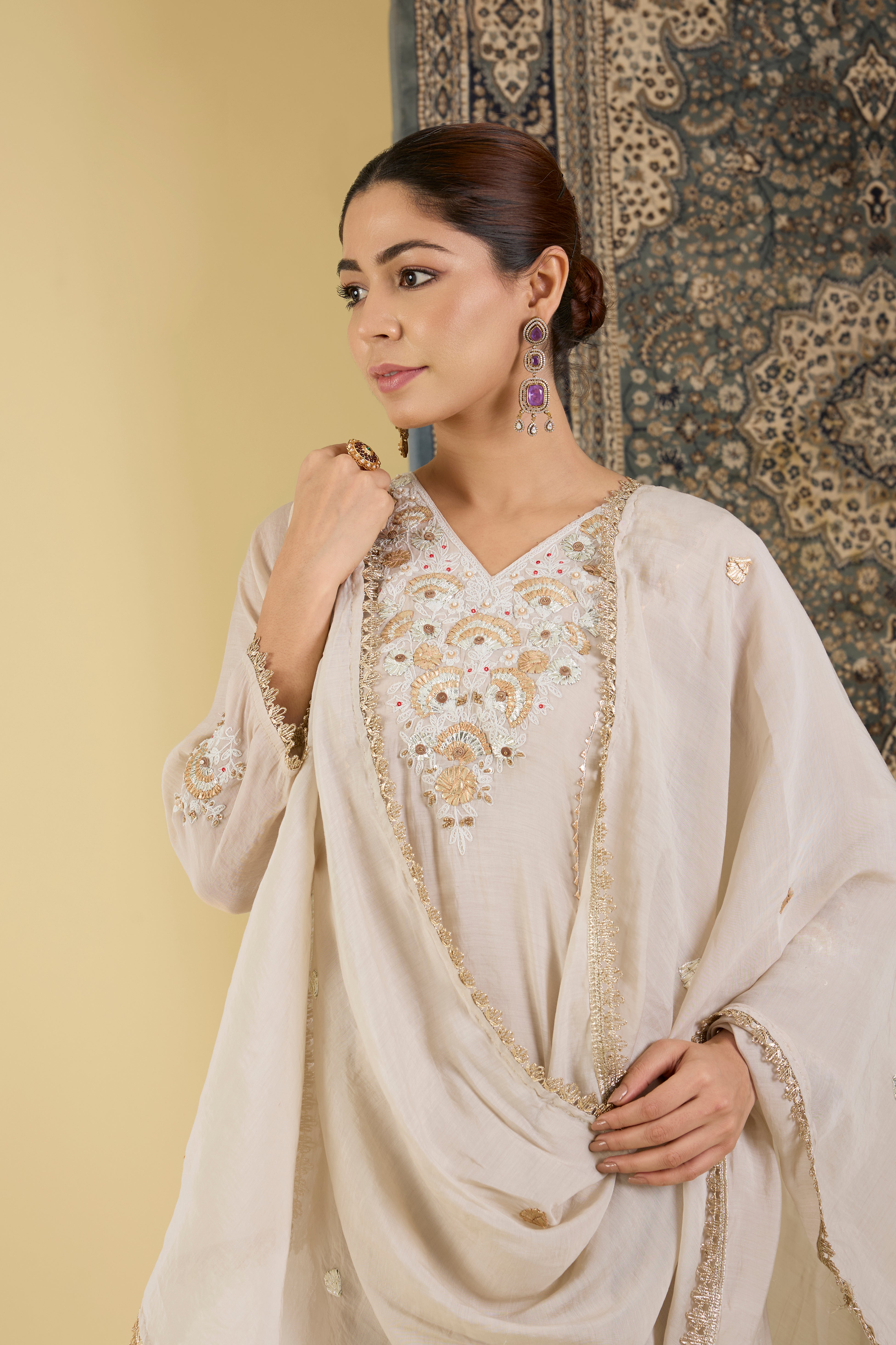 Elegant grey Embroidered Anarkali Suit Set.
