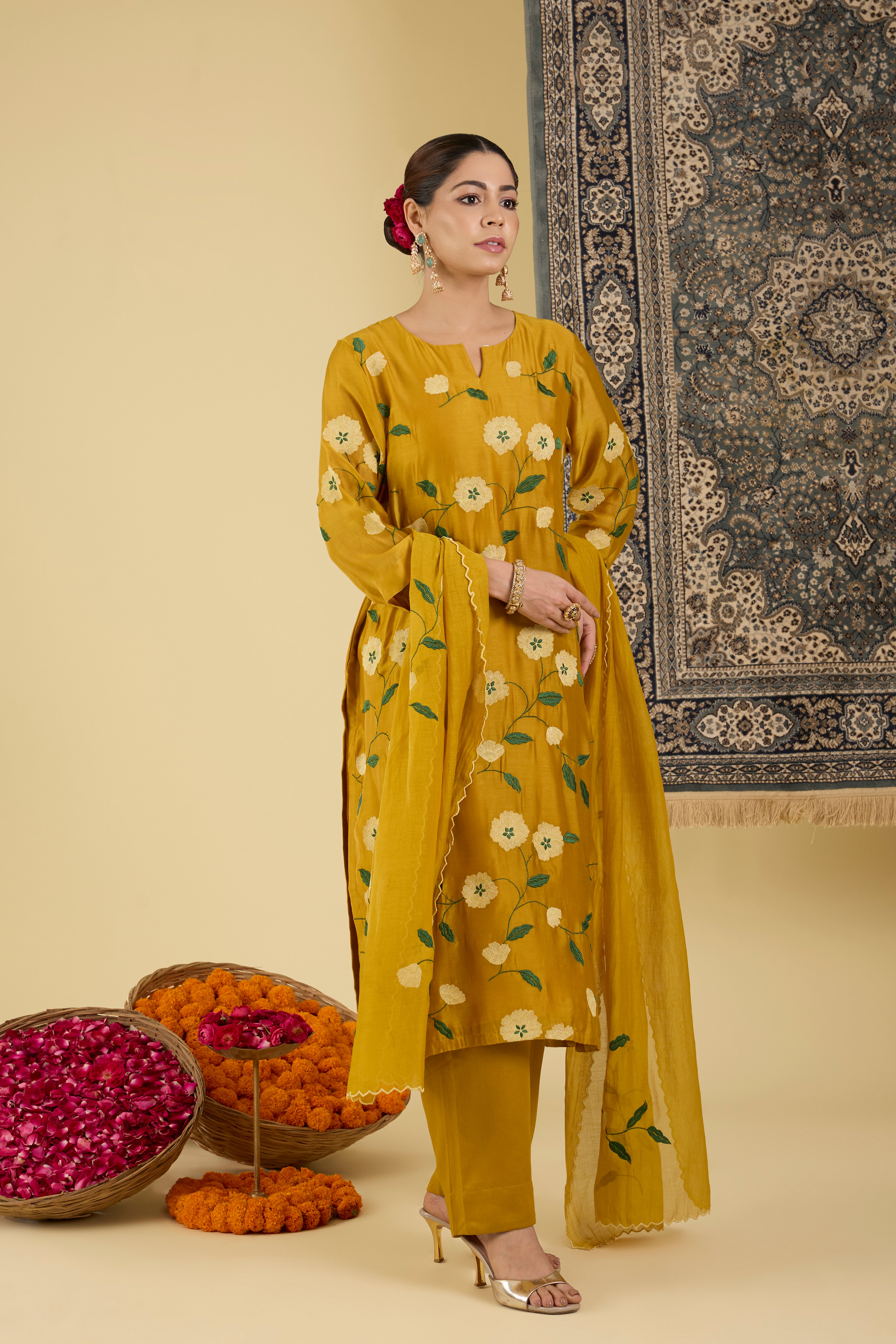 Mustard Floral Embroidered Kurta Pant Set.