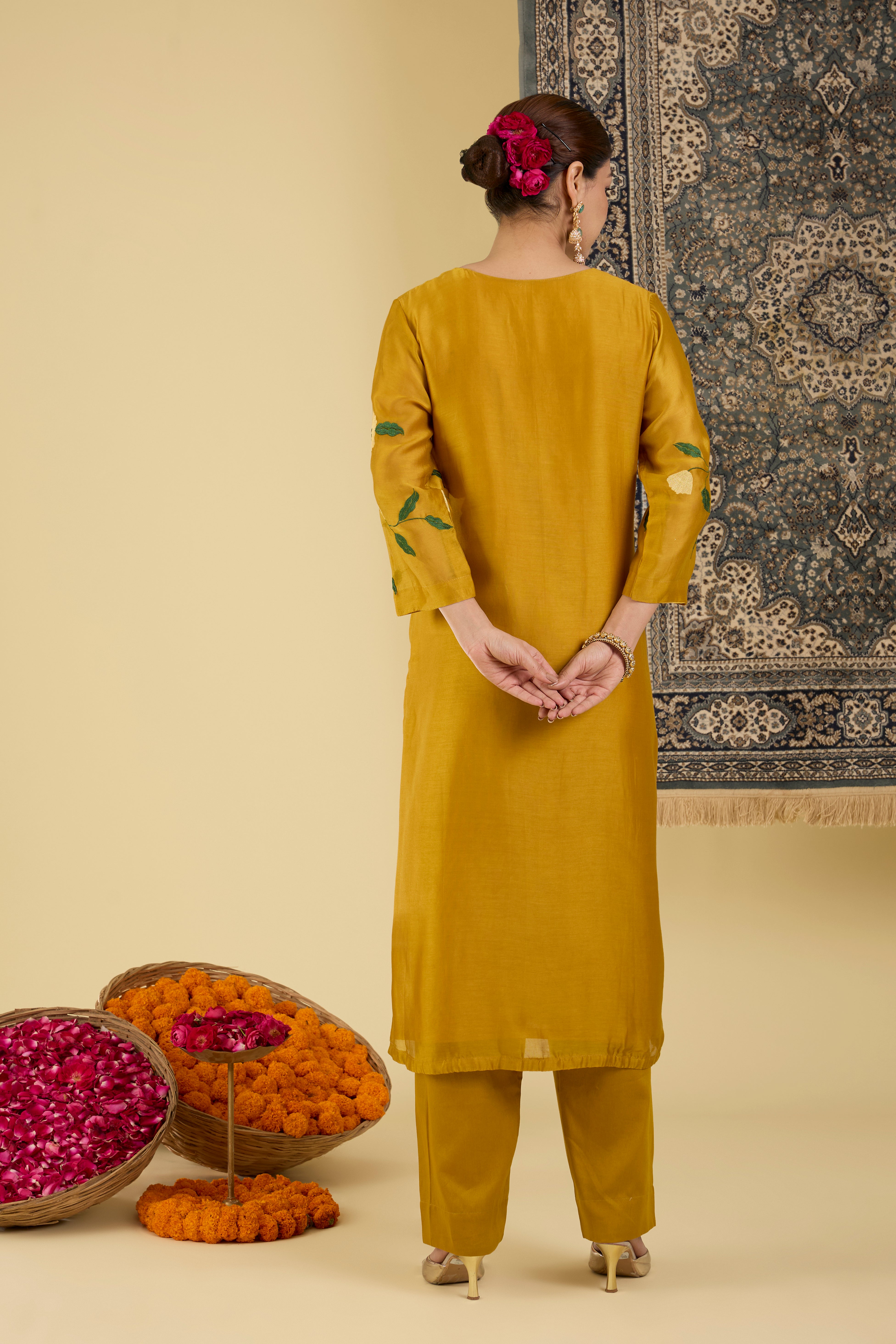 Mustard Floral Embroidered Kurta Pant Set.