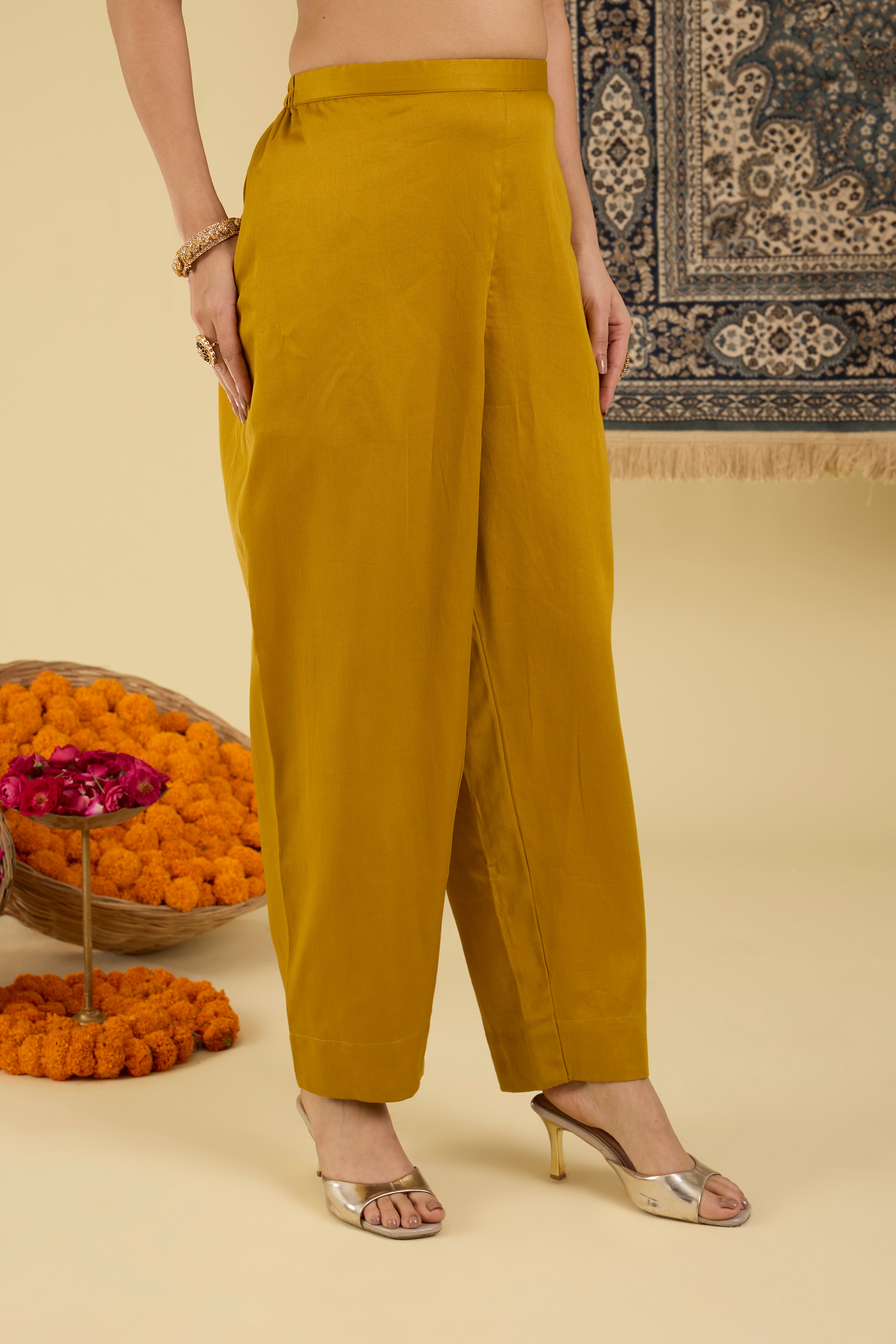 Mustard Floral Embroidered Kurta Pant Set.