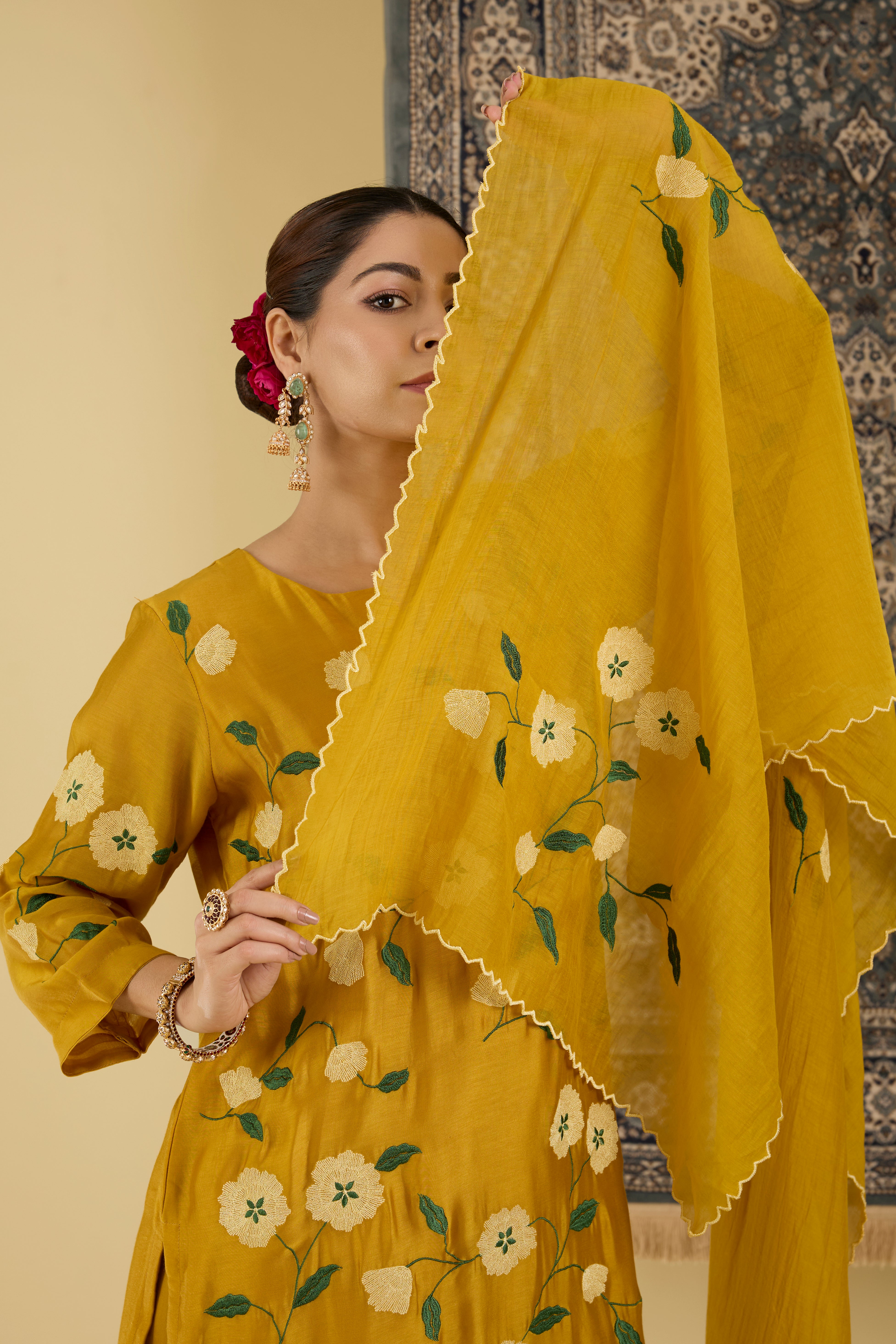 Mustard Floral Embroidered Kurta Pant Set.