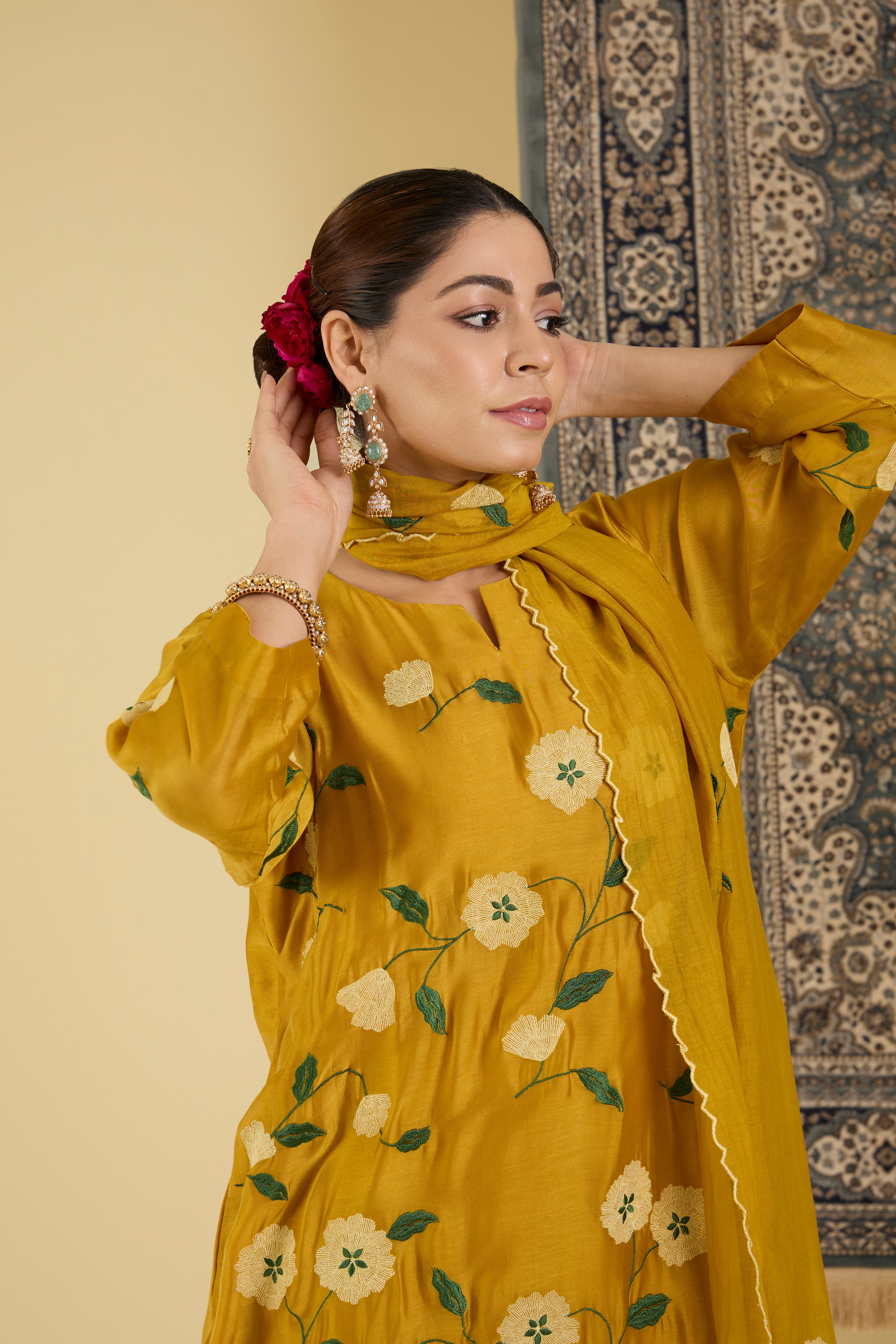 Mustard Floral Embroidered Kurta Pant Set.