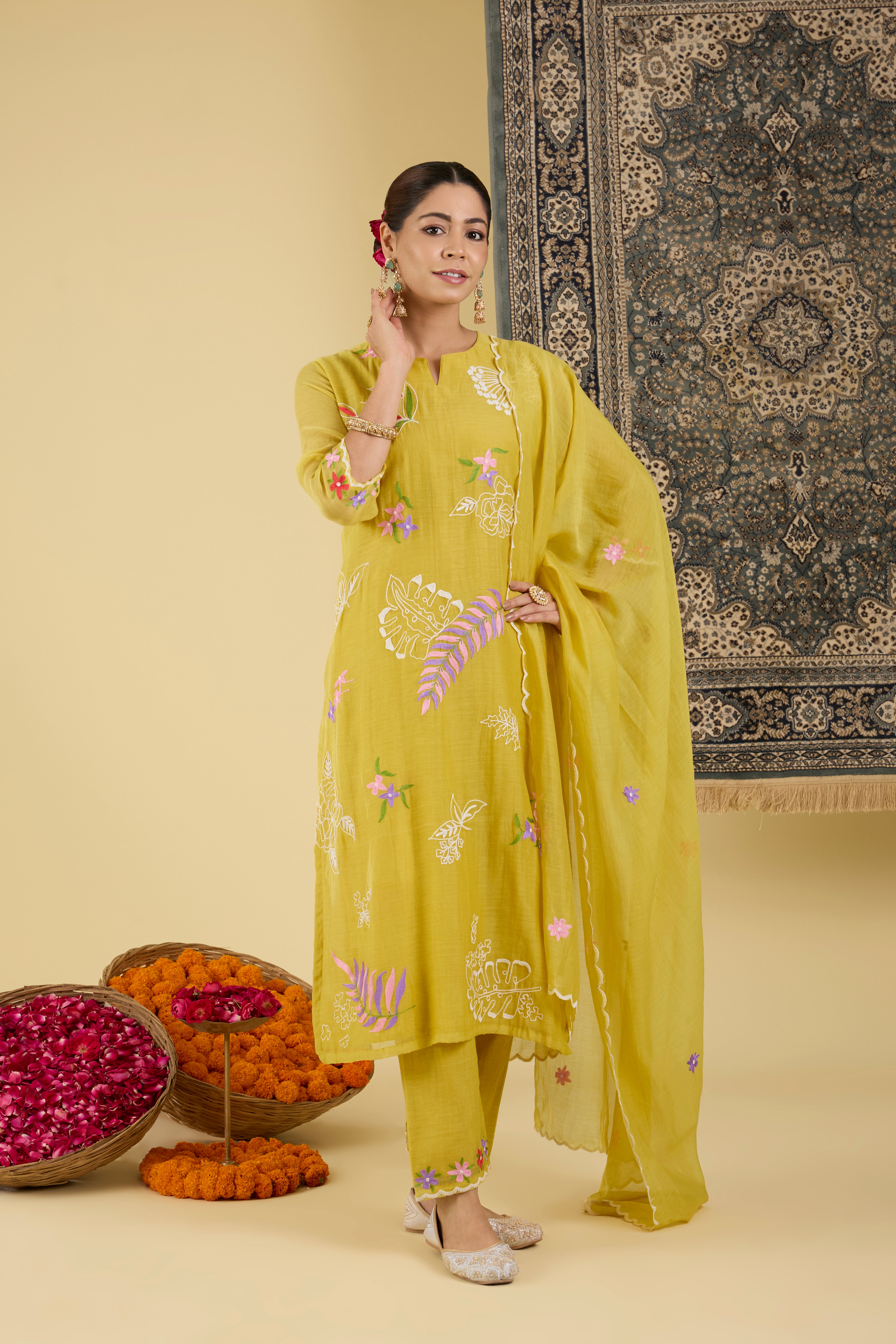 Yellow Floral Embroidered Kurta