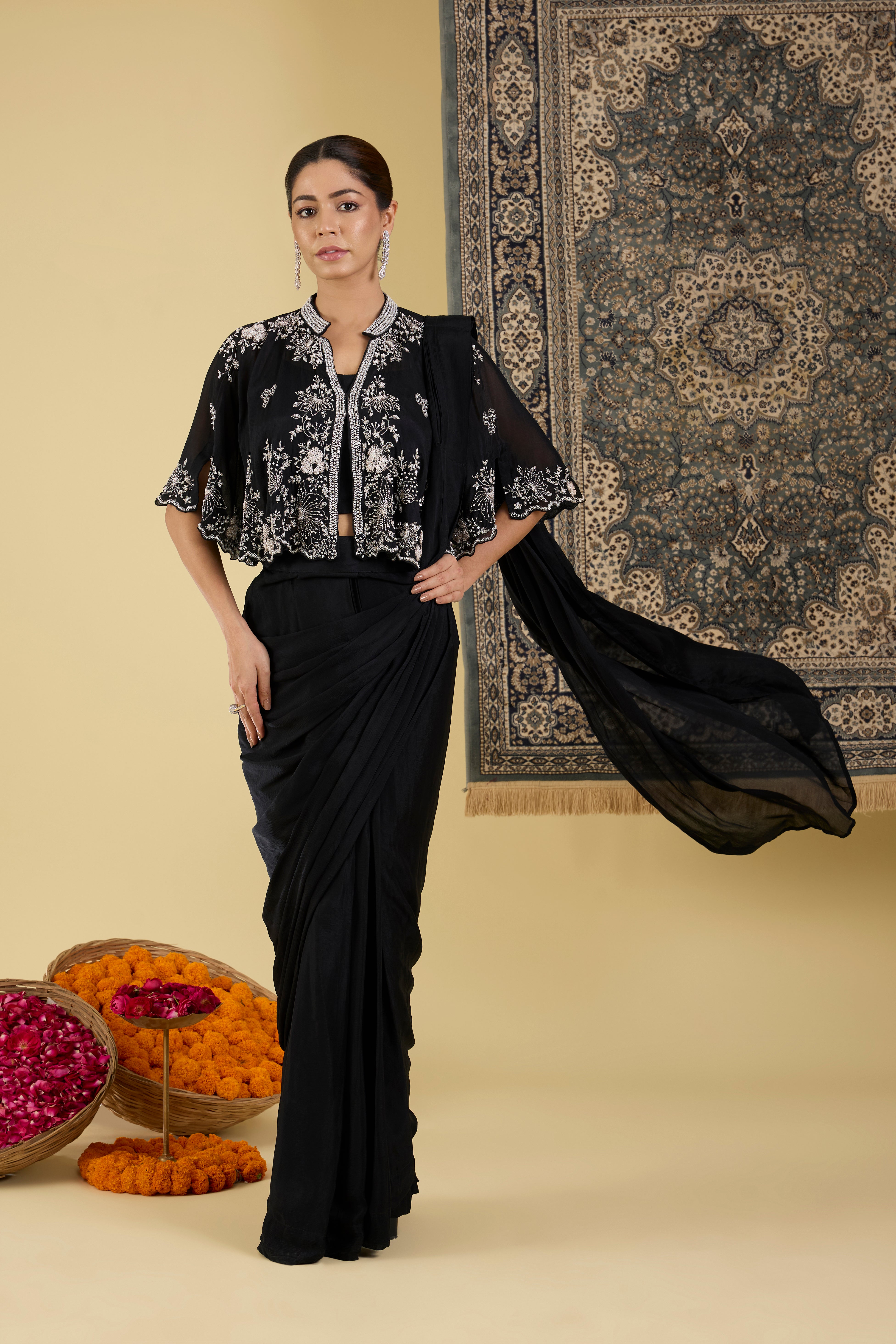 Elegant Noir Embroidered Drape Set