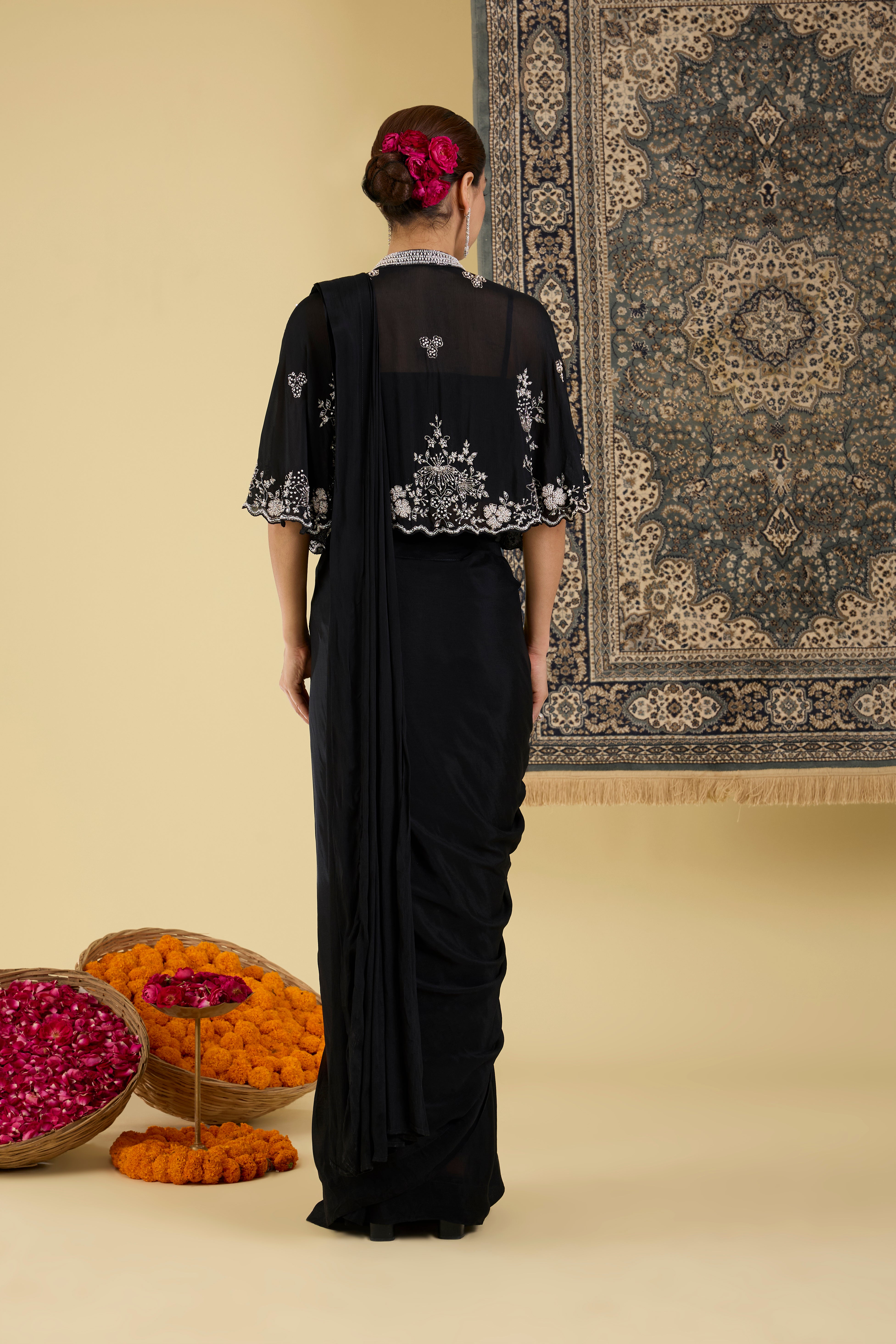 Elegant Noir Embroidered Drape Set
