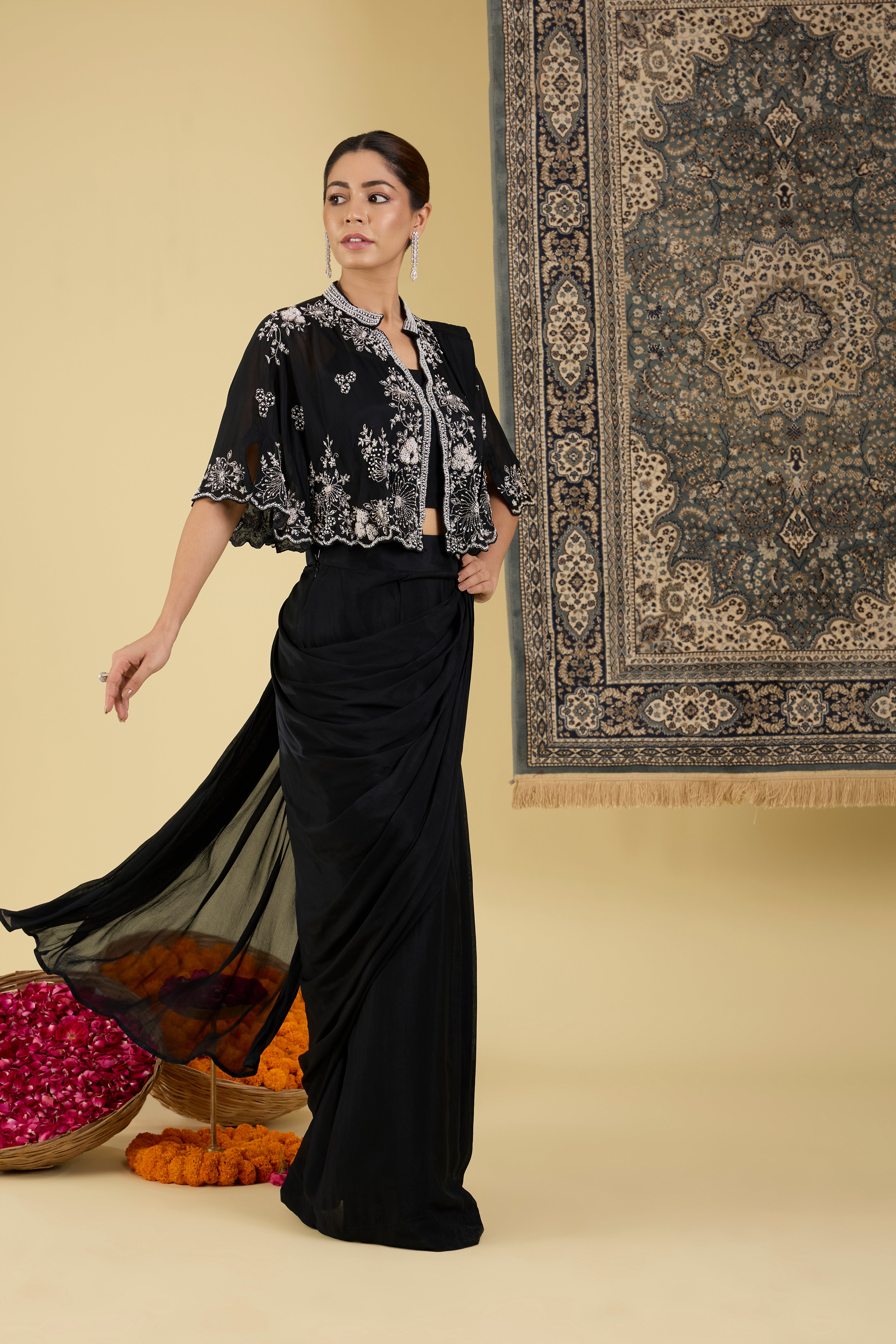 Elegant Noir Embroidered Drape Set