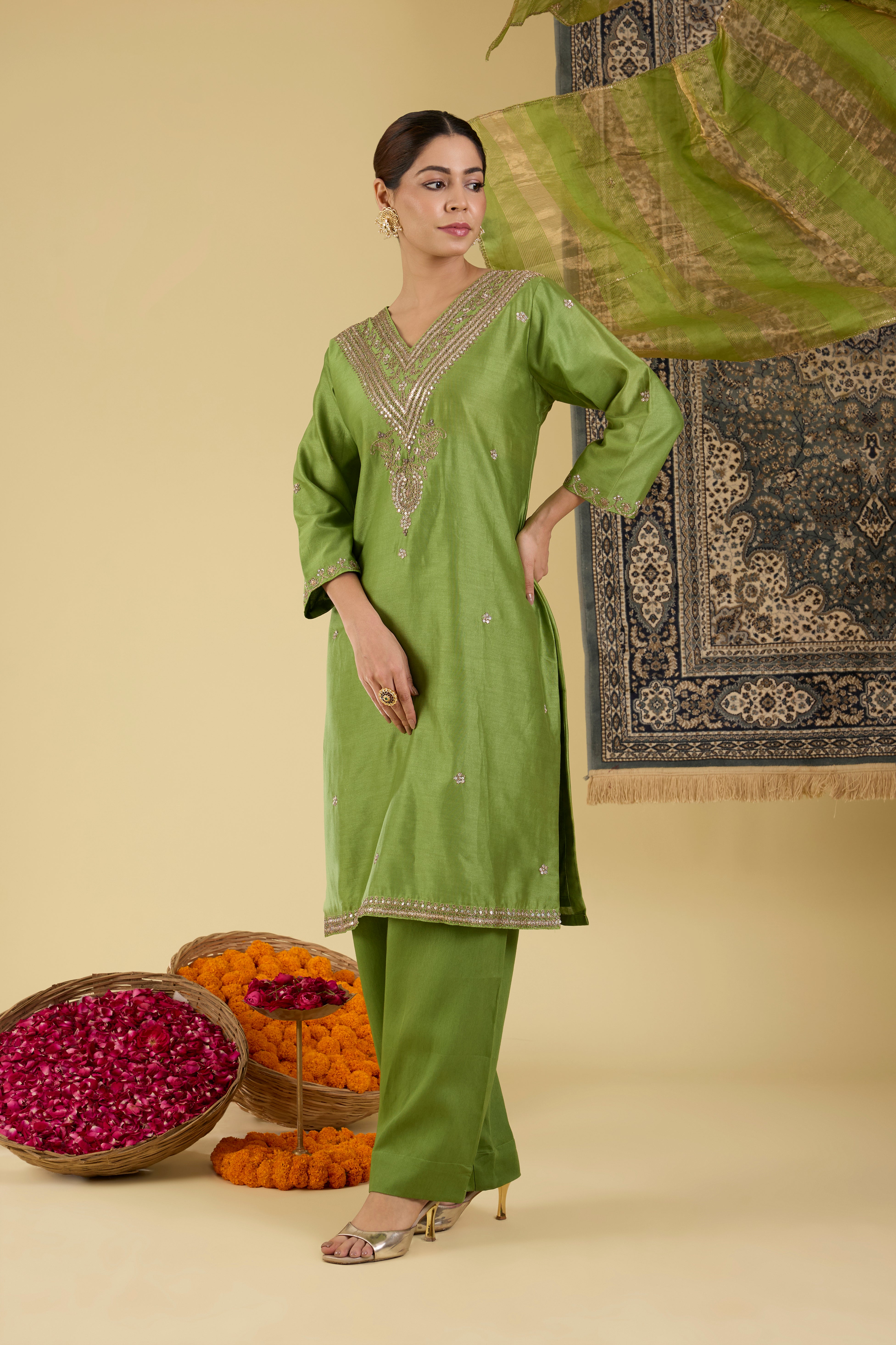 Olive Green Hand-Embroidered Kurta Set