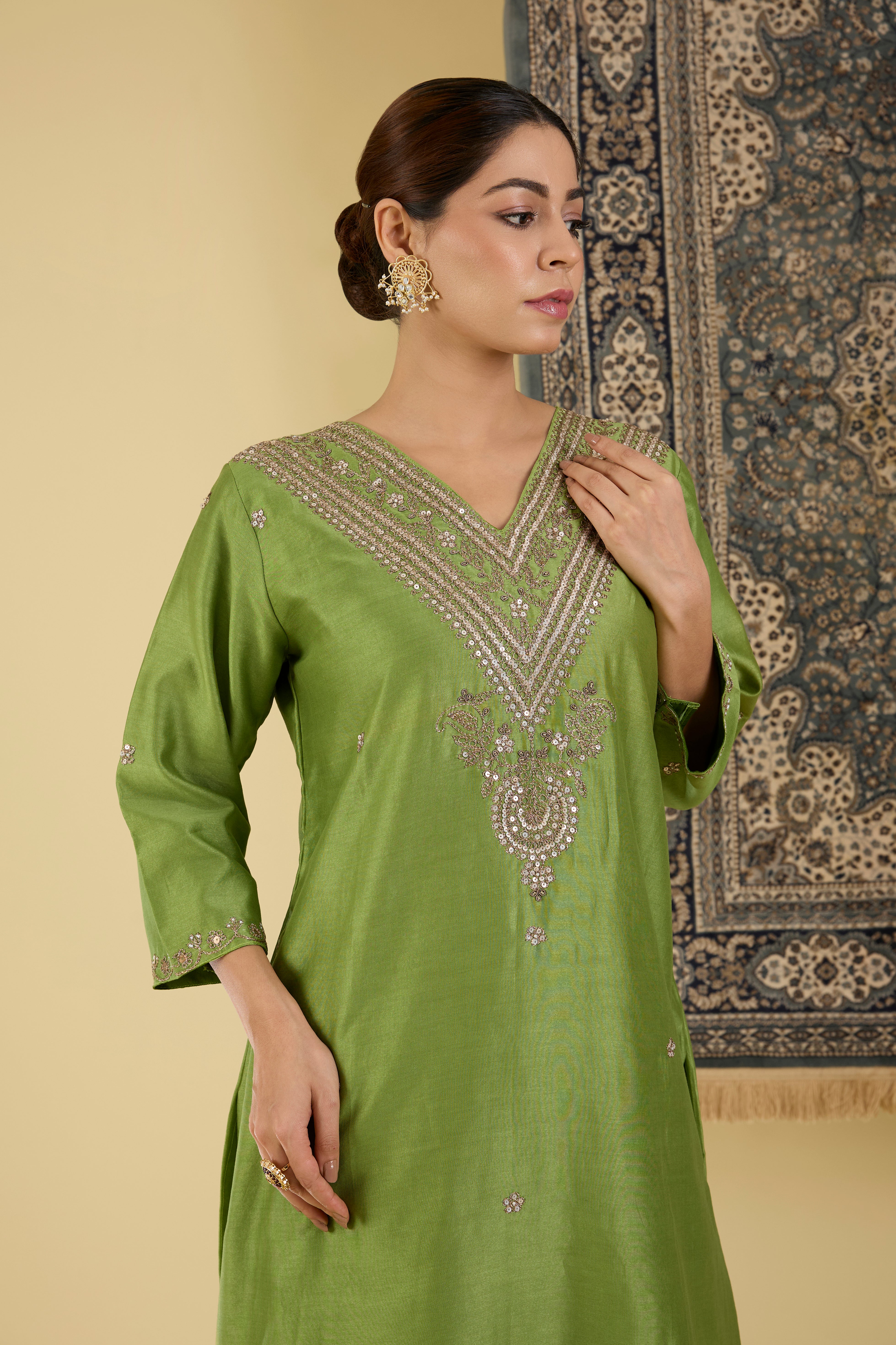 Olive Green Hand-Embroidered Kurta Set