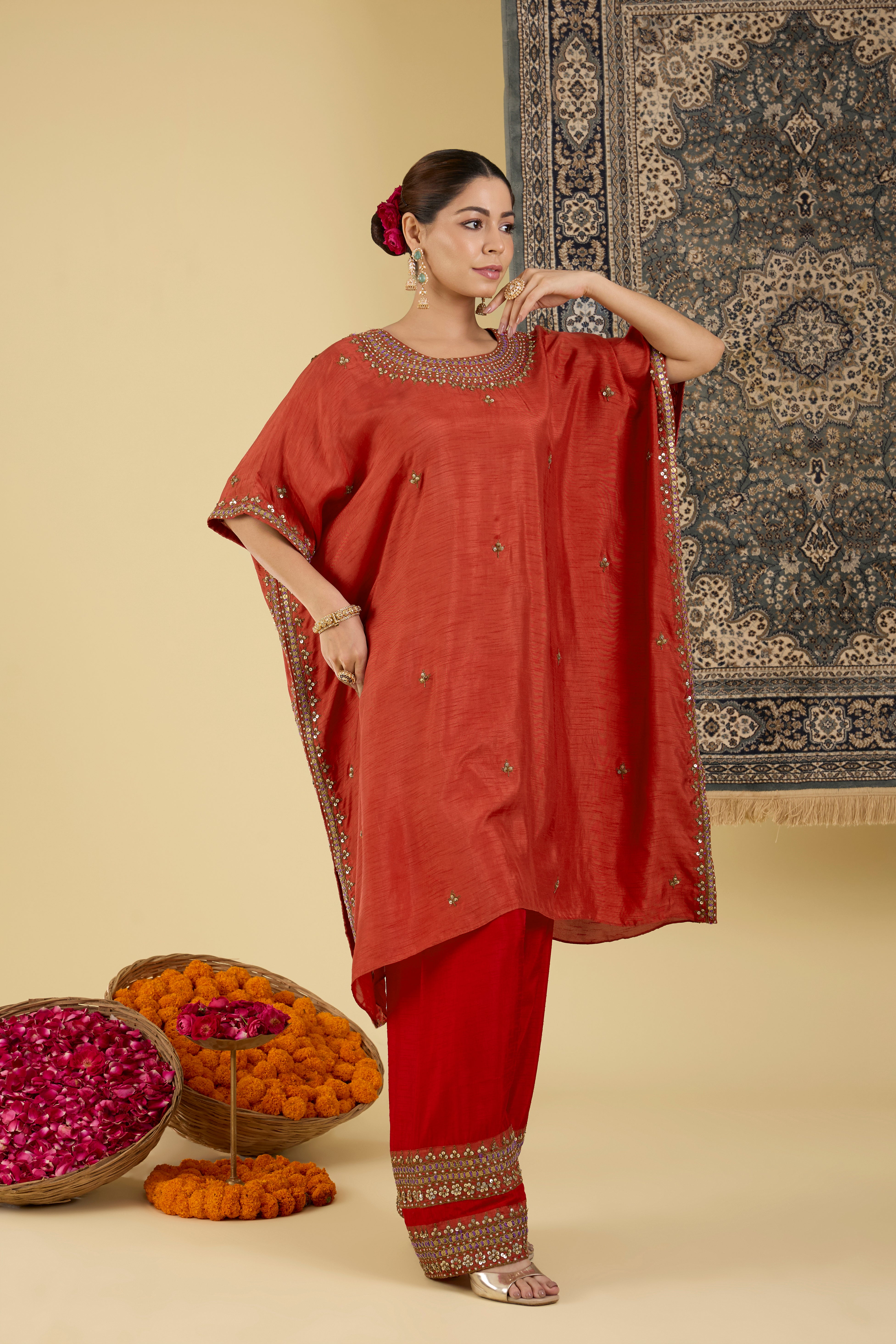 Ruby Red Embellished Kaftan Set