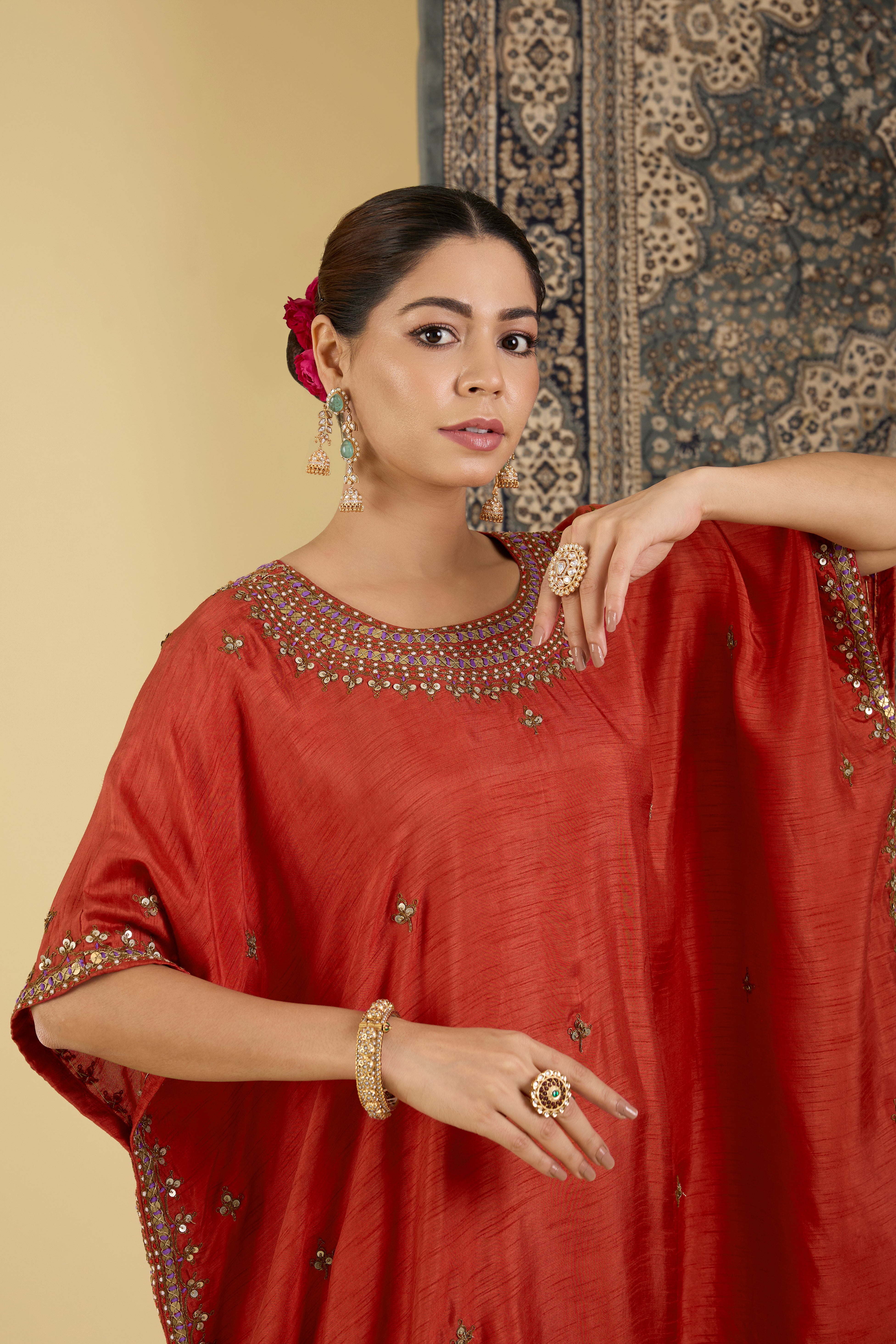 Ruby Red Embellished Kaftan Set