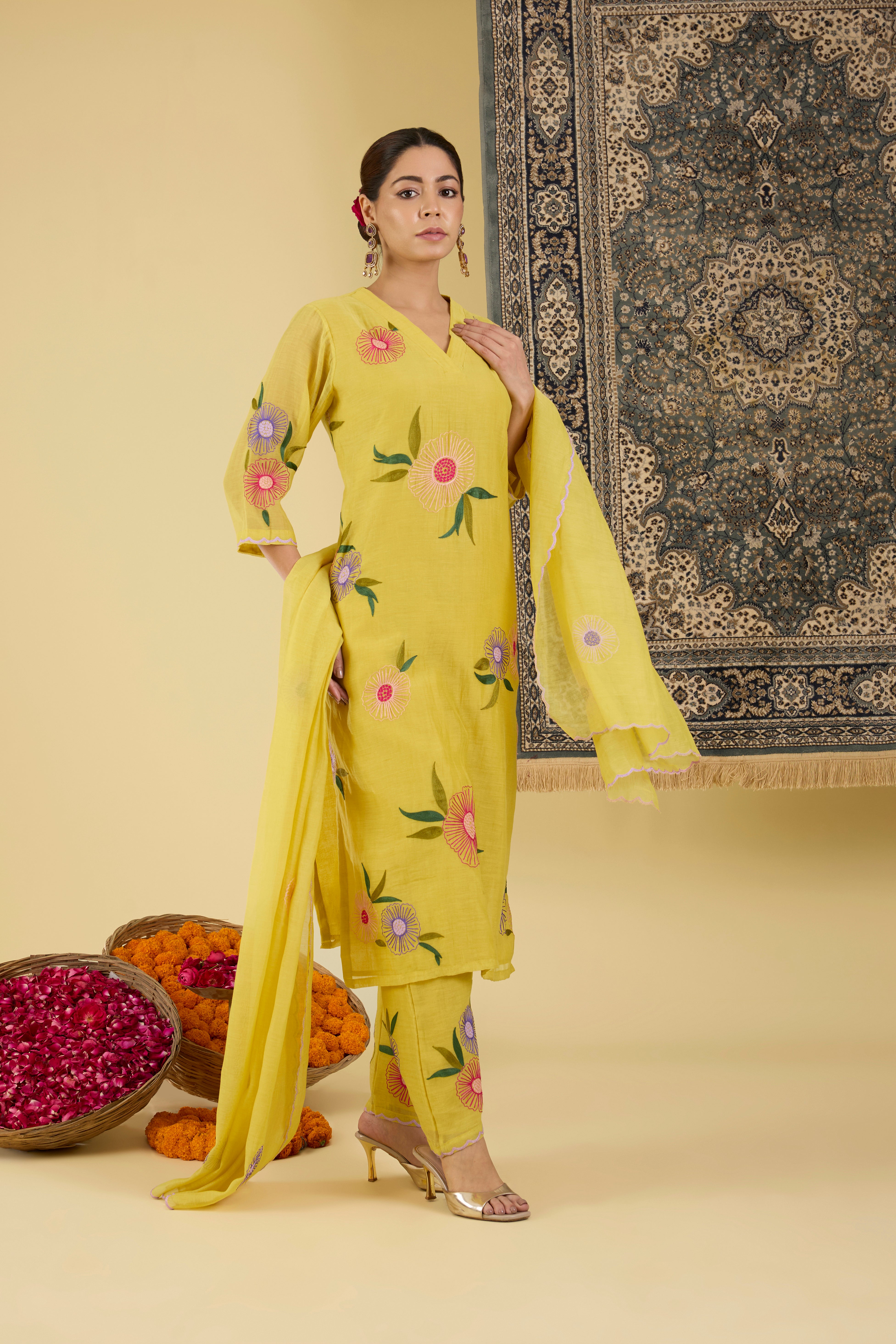 Yellow Floral Embroidered Kurta with straight pant and dupatta.