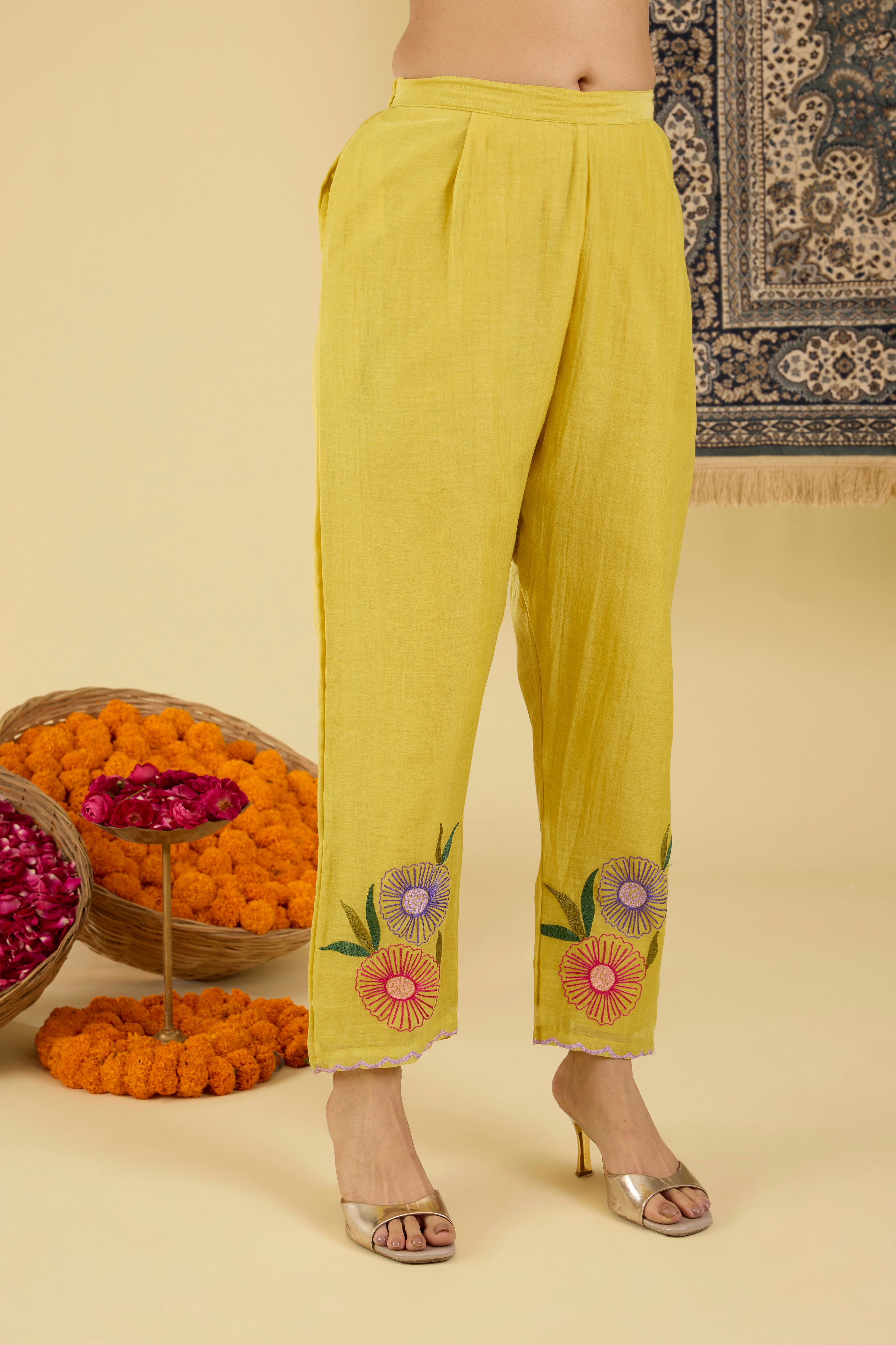 Yellow Floral Embroidered Kurta with straight pant and dupatta.