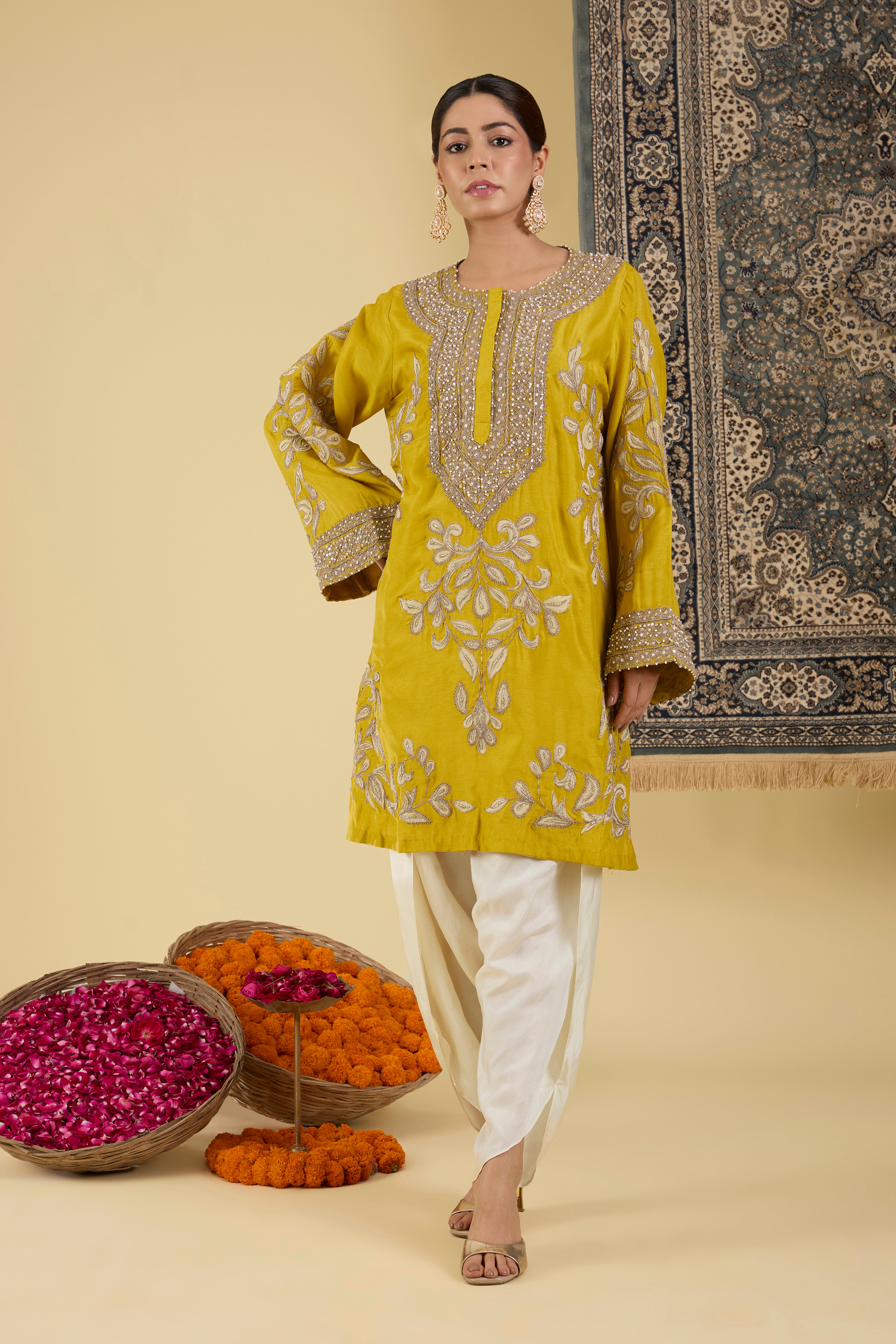 Yellow Embroidered Kurta with tulip Pants