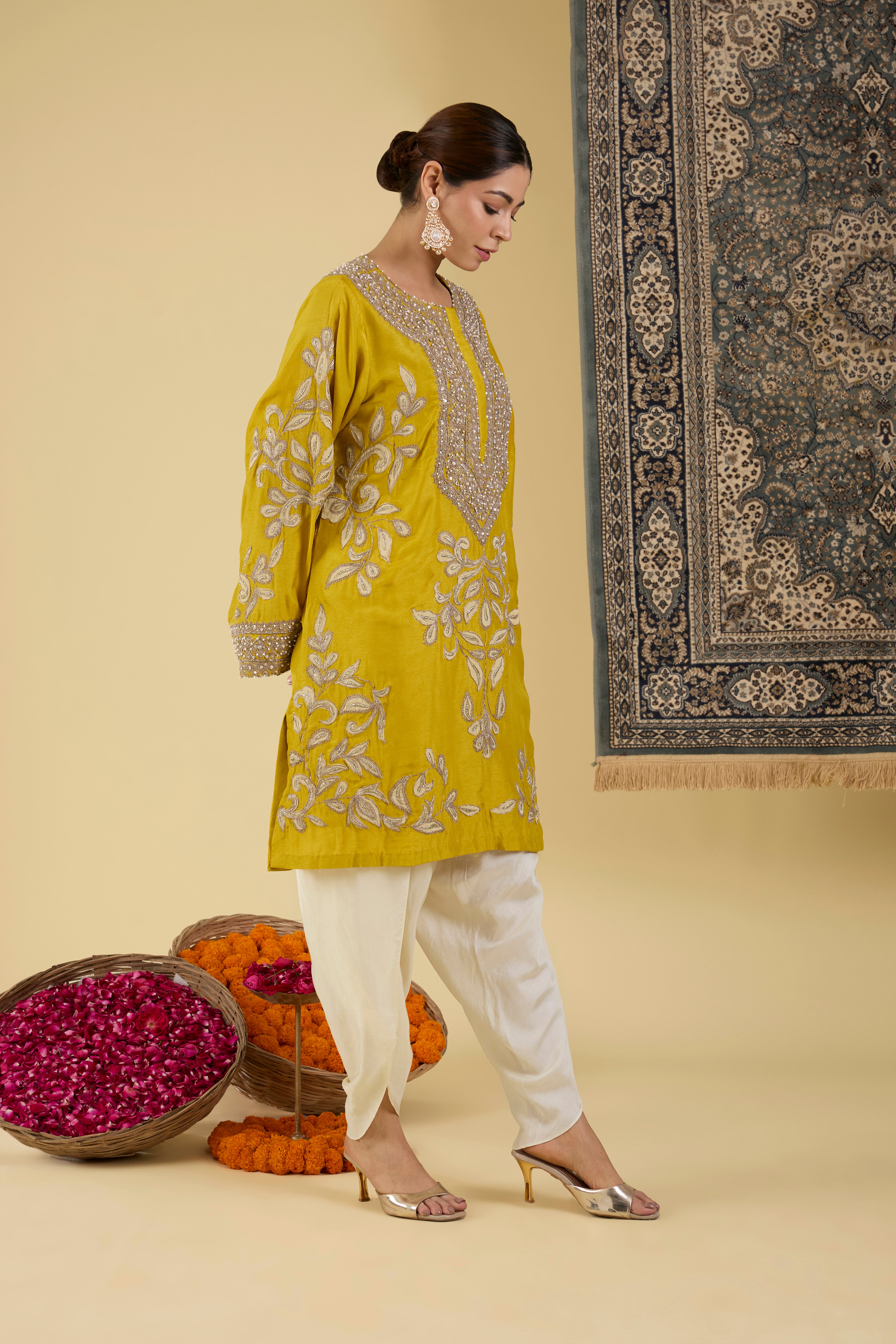 Yellow Embroidered Kurta with tulip Pants