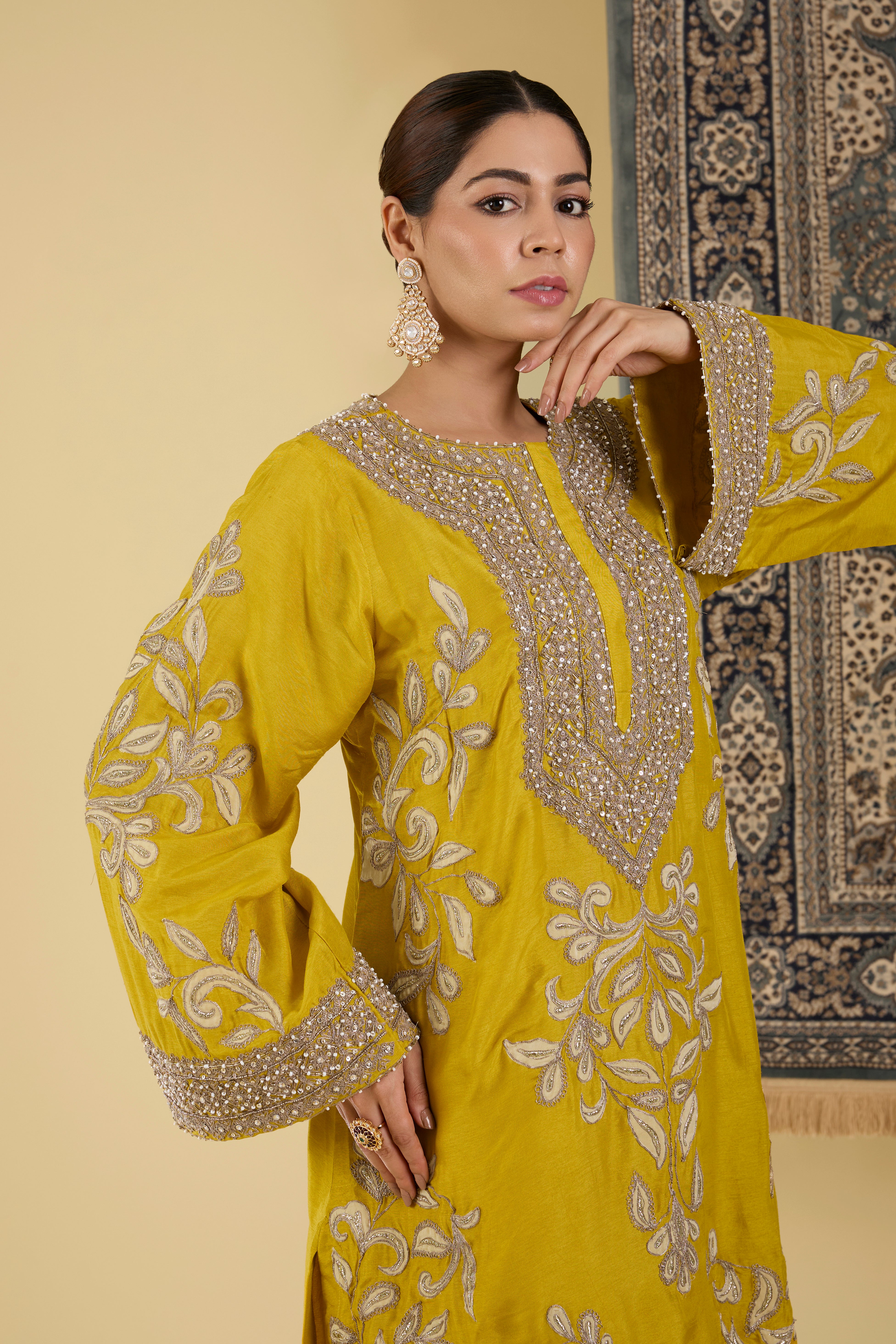 Yellow Embroidered Kurta with tulip Pants