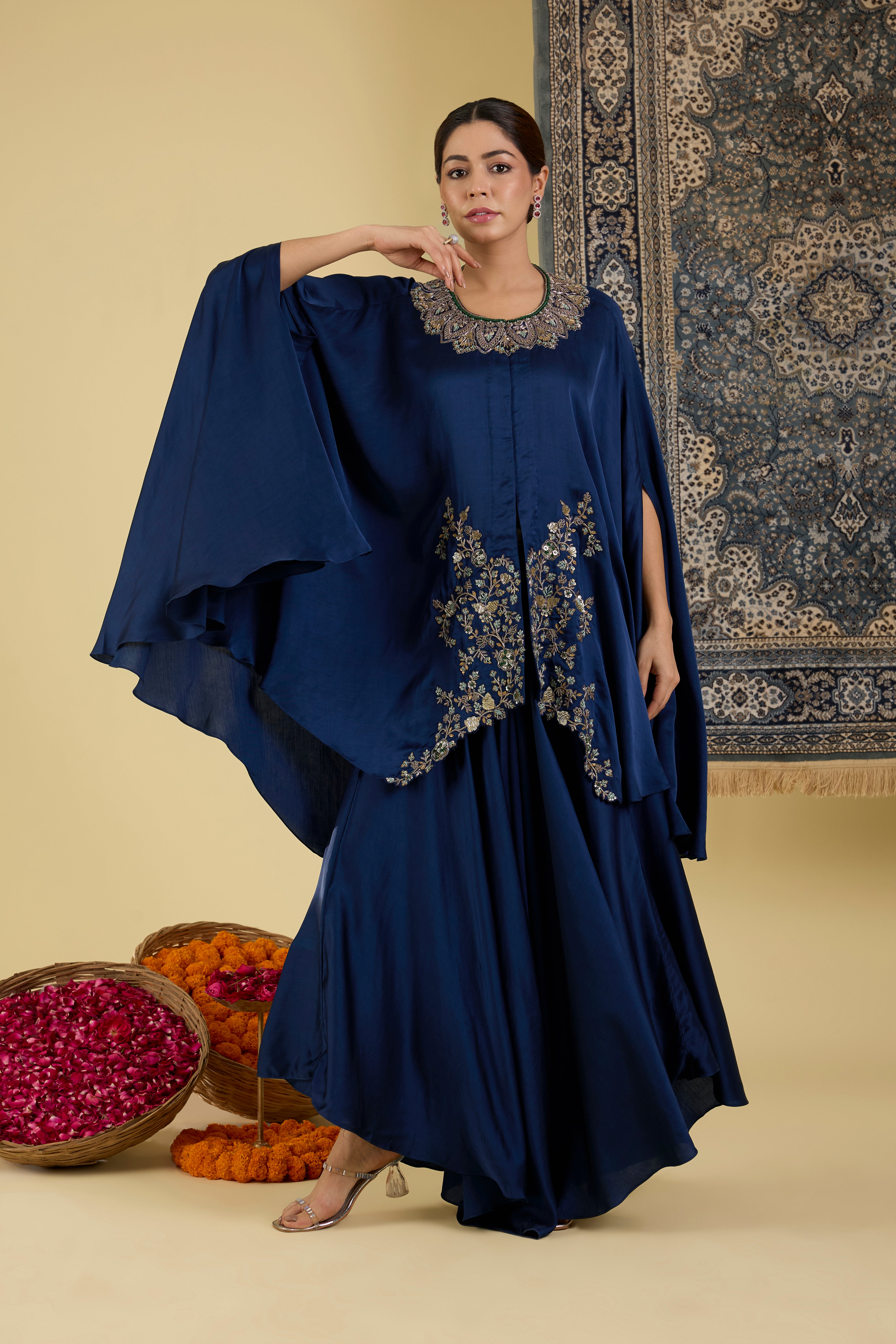 Teal Blue Embroidered Cape Set