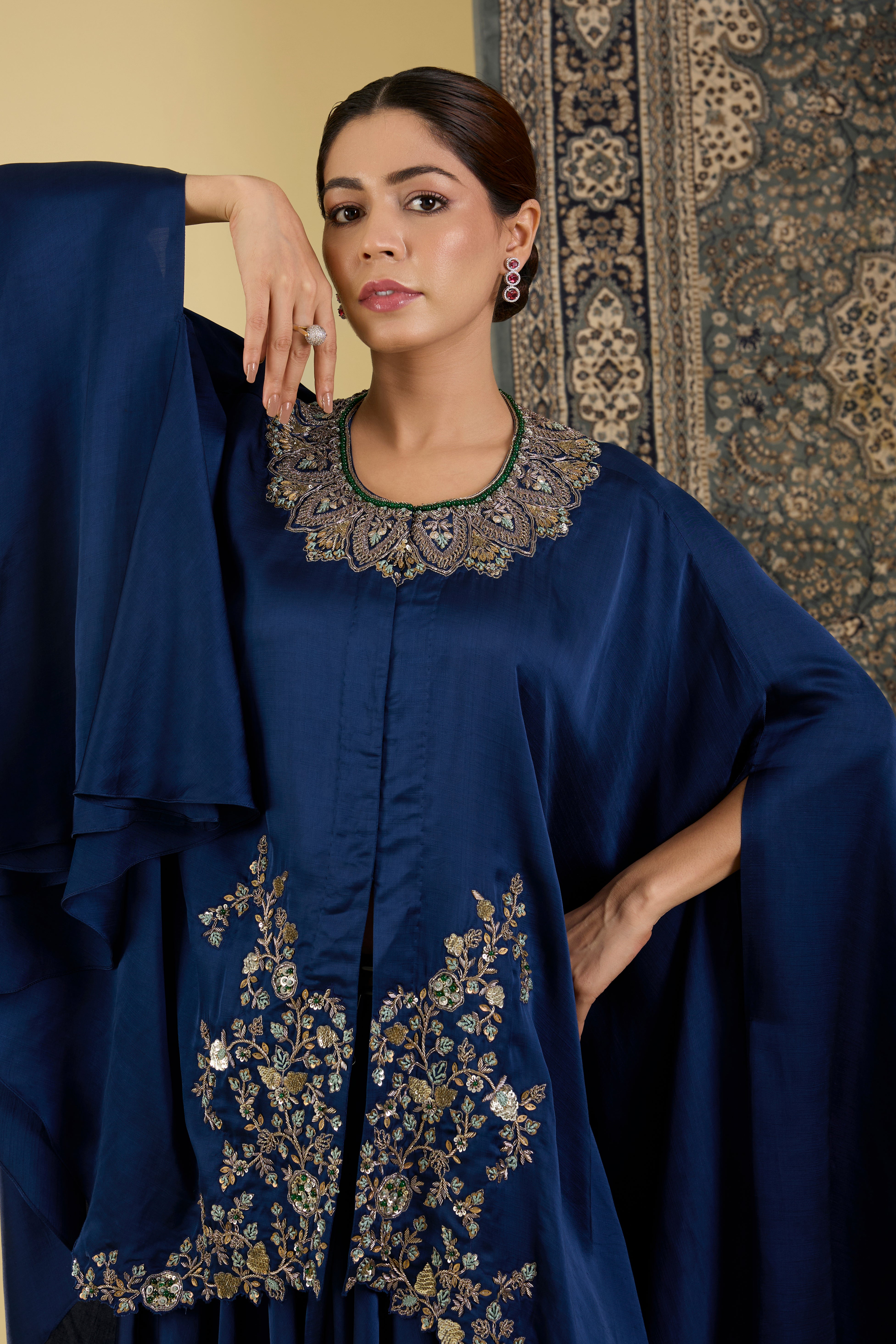 Teal Blue Embroidered Cape Set