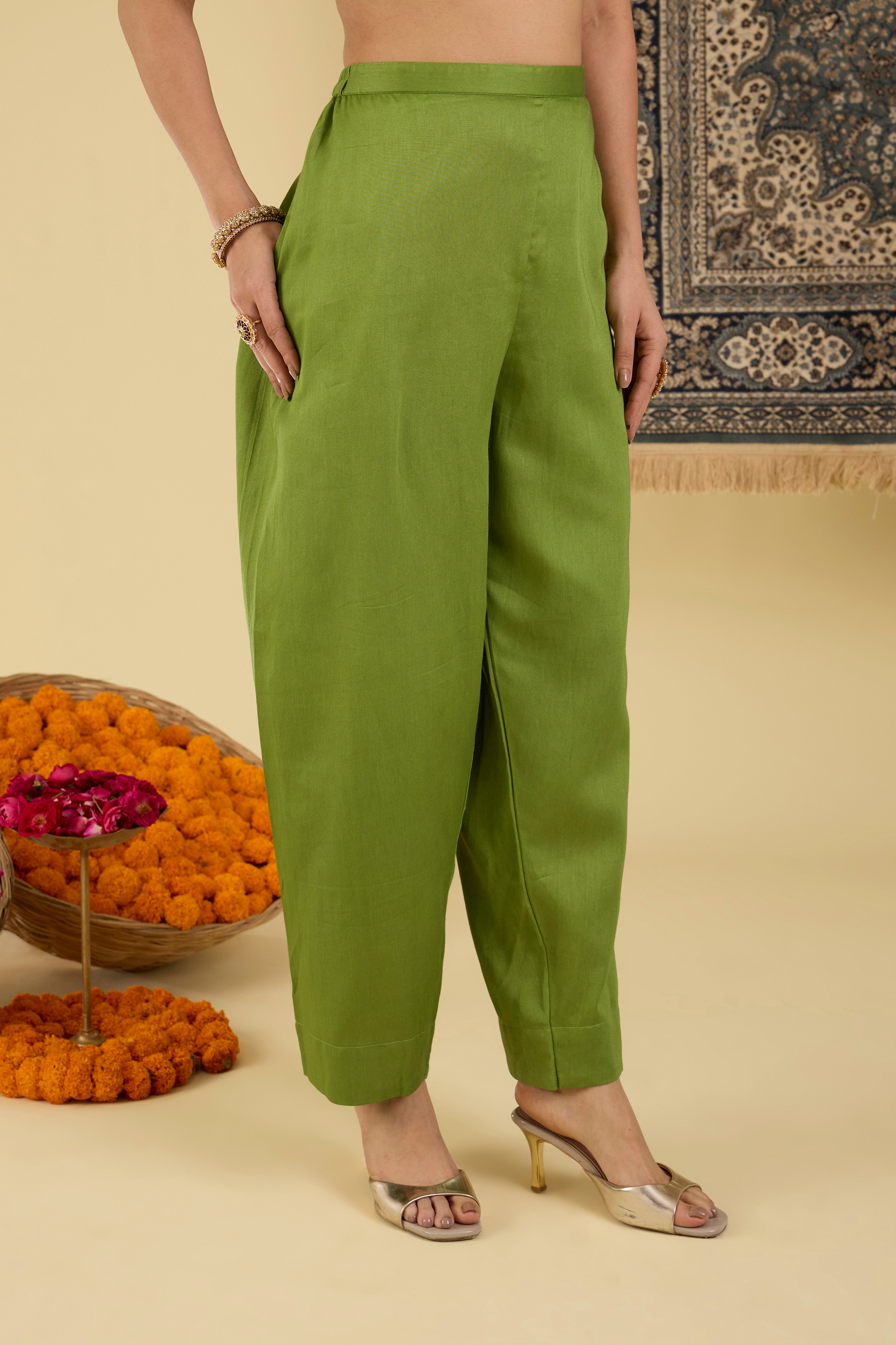 Olive Green Embroidered Festive Kurta Set .